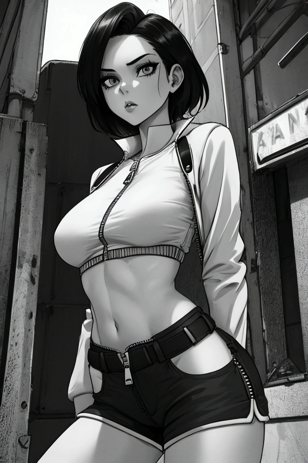 Monochrome, girl, t-shirt, black jacket , navel, thighs, disheveled clothing, mad, anger, medium, black denim short , side tie panties