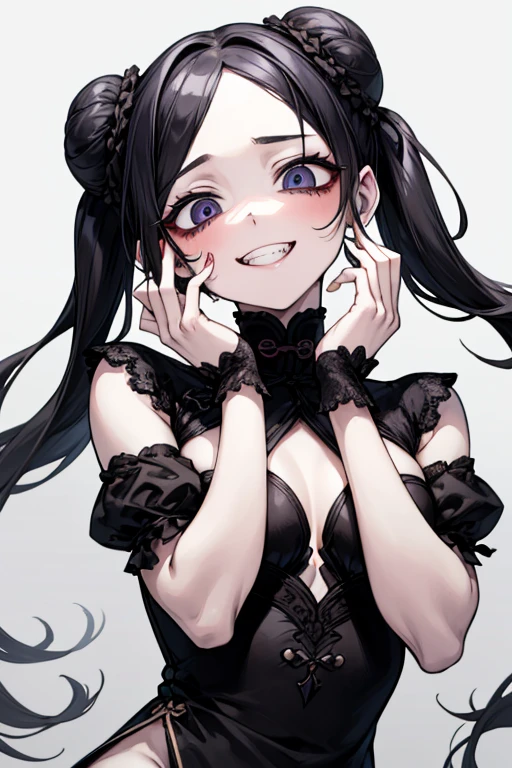 (masterpiece:1.2, Highest quality), (Actual Photos, Intricate details), (1 female, alone, Upper Body, Small breasts) ,whole body,Clothes:underwear:Shave your head、Black Hair、Pink inner color、Twin tails、whole bodyに切り傷、Wicked Smile、Crazy Eyes、(Grin)Dramatic makeup,Unconventional fashion choice behavior:traitor、Disobedient、Create mixed media art、White background