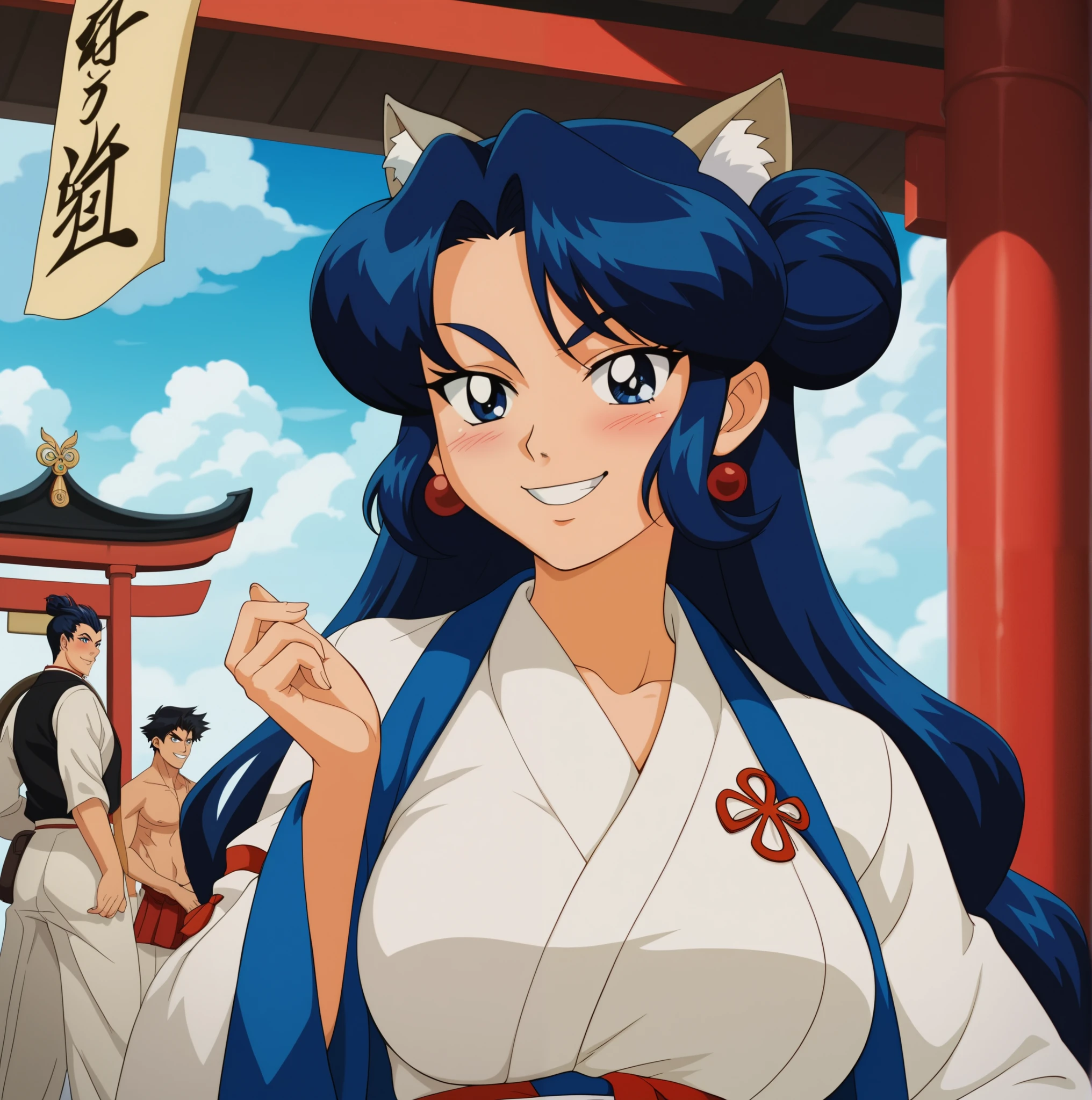 Young woman drawn in 80’s anime art style. 
Retro anime. Vintage Anime. Classical Anime. 
Black Blue HAIR
Cone Hair Bun Hair
She has perfectly Round and Circle eyes. 
Blue eyes and Medium Sized Eyebrows. 
She is Tan Woman.
She has Large Breast
Small blush on cheek.
Evil Smile/ Smirk

She is wearing a japanese Dujin clothing.

Dujin – a cross-collared upper garment. For women, it was worn along with the kakan. For men, it was used as ceremonial undergarment along with trousers; it was only used by the members of the royal family and the upper class warrior families. The emperor wore it under the touishou.

(Cloudy) (Sky) (Raindrops) (Rainy Sky)

(View from the Shrine Temple)

