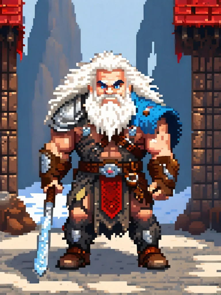 Pixel art, 3d, best quality, Barbarian warrior with powerful arms athletically developed, holding a large battle axe in his hand, curly long white hair, wearing a leather vest and a fur cape, cloak open, full pose, the whole body, detailed, high resolution 8k, natural lighting, on red carpet, made in pixelart style, 3d pixel art