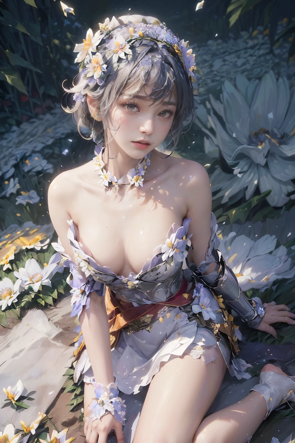 ((( photoshoot))),(( top quality,8k)), ((masterpiece)), ( Details), (PhotoRealistic:1.5),Photographically,   High Definition  ,   girl,  Detailsな美しい顔,( beautiful contrasting eyes ), knee up , medium hair,((Flower crown:1.5)) ,(白詰草の群生地に座る girl),( wariza:1.8)(( Lavishly Decorated Armor :1.5))，(( armor with lace ribbon:1.2)),(Chest, waist,navel,clavicle:1.5),(((White flowers covering the ground :1.7)),(( large amounts of white petals fluttering in the wind:1.5))