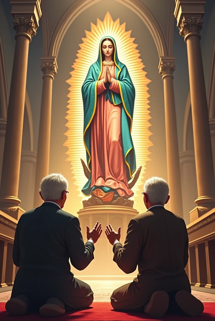 Miguel Hidalgo praying in front of an image of the Virgin of Guadalupe. At the bottom, a mexican flag waving in the wind. Baroque style, with warm and golden colors.