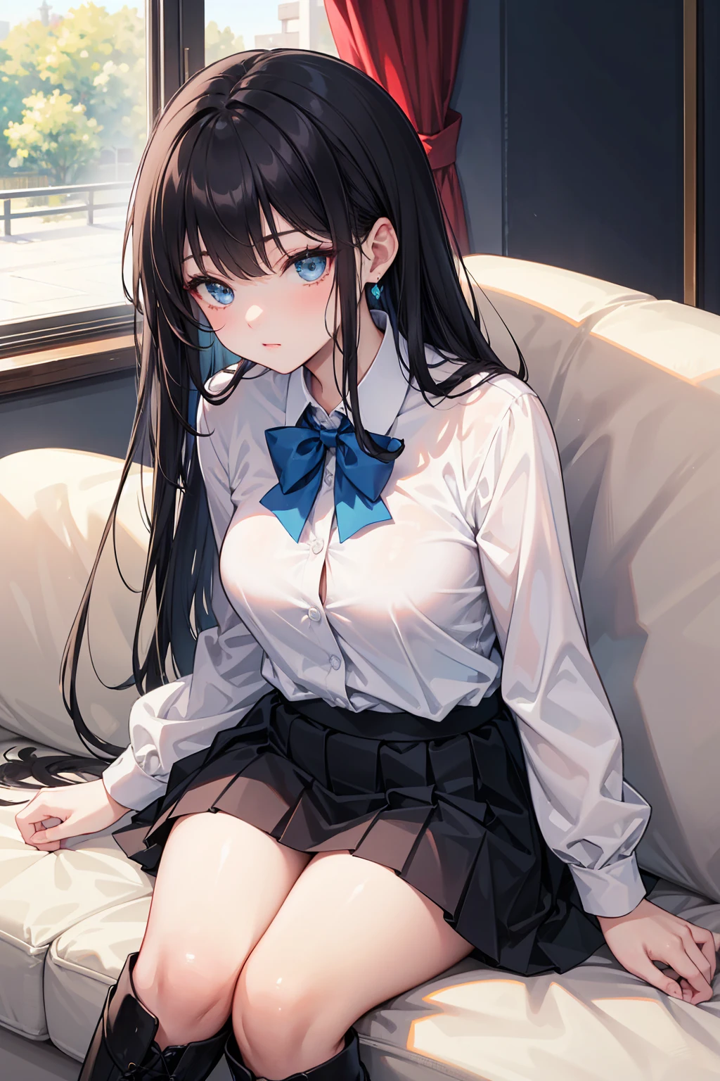 "(A true masterpiece with the best quality). In this NSFW image, a schoolgirl with a flat chest and small tits is lying down adorned in a uniform, looking both shy yet eager to show off. Her cleavage and panties are teasingly visible through her translucent outfit."