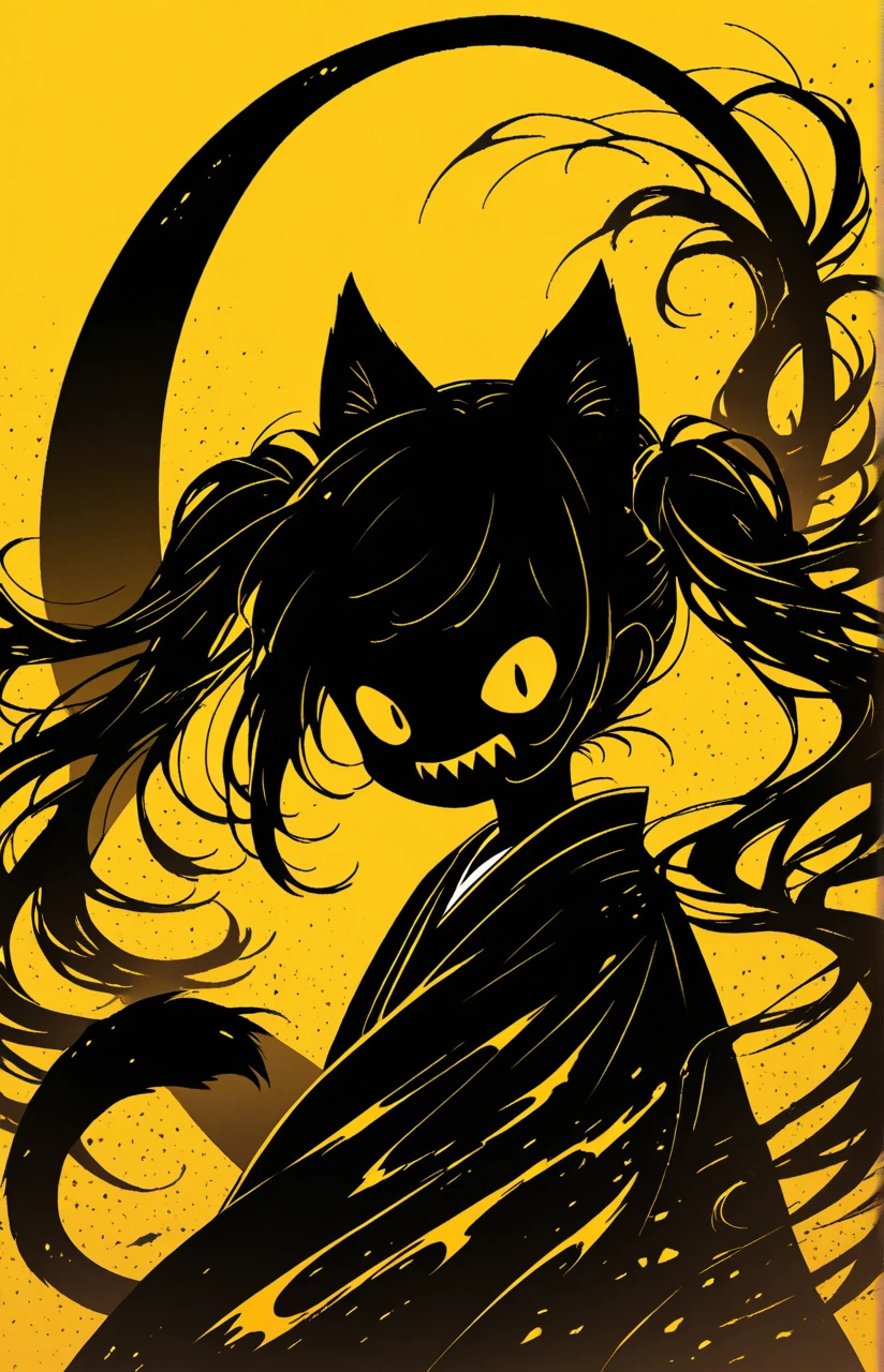  Black Silhouette Art ,  girl, cat ears,  flowing hair,  Twin Tails ,  minimalist, The tail has become a huge mouth, Sickle, Yellow background, Depth,  portrait, nail, Wobbly Kimono ,  dynamic pose, Wide sleeves,