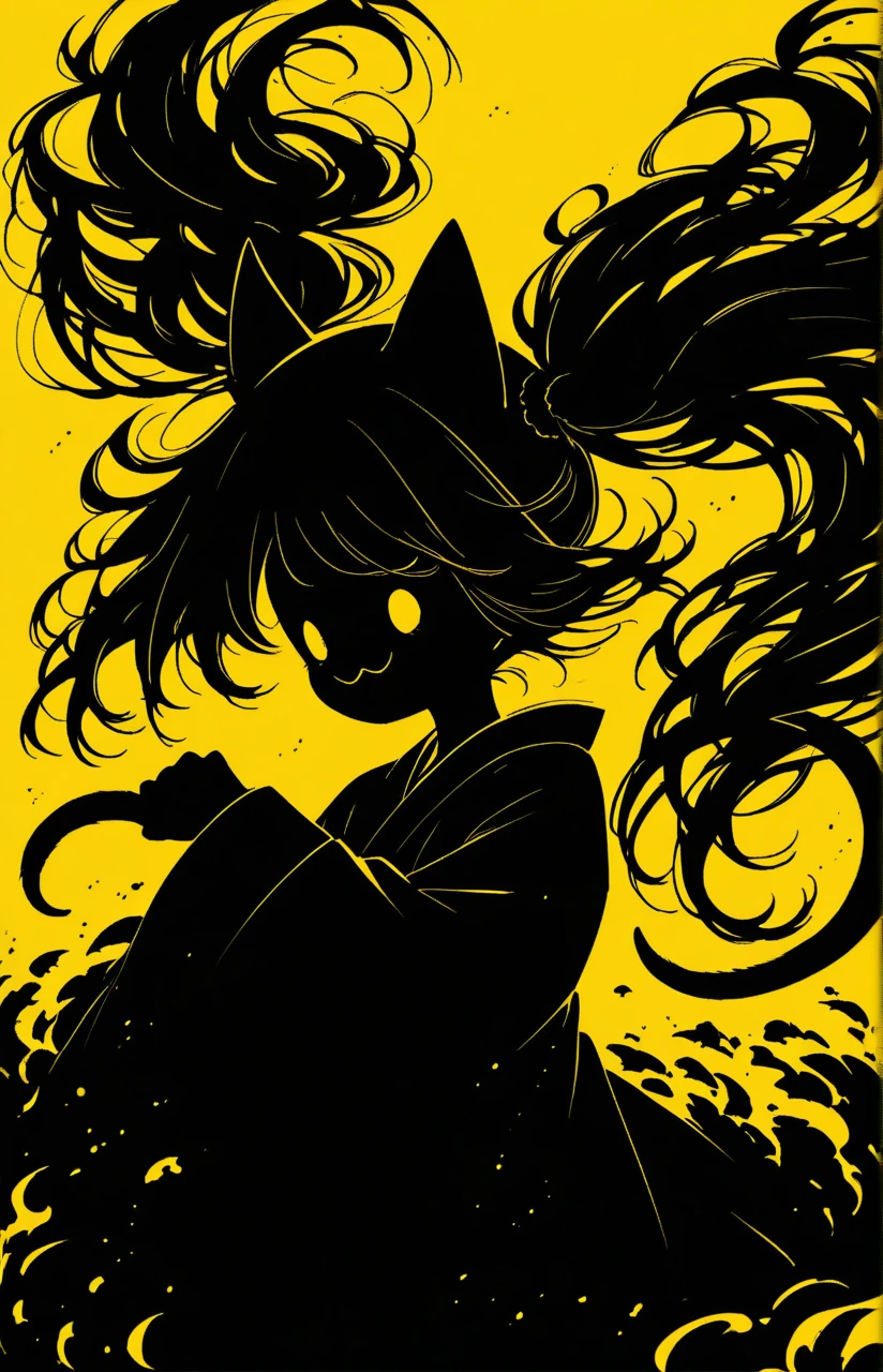  Black Silhouette Art ,  girl, cat ears,  flowing hair,  Twin Tails ,  minimalist, The tail has become a huge mouth, Sickle, Yellow background, Depth,  portrait, nail, Wobbly Kimono ,  dynamic pose, Wide sleeves,