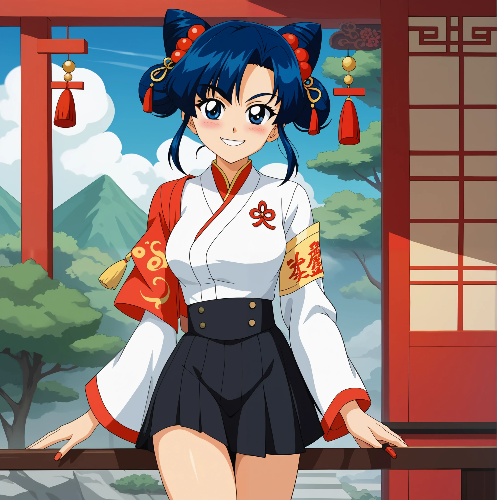 Young woman drawn in 80’s anime art style. 
Retro anime. Vintage Anime. Classical Anime. 
Black Blue HAIR
Cone Hair Bun Hair
She has perfectly Round and Circle eyes. 
Blue eyes and Medium Sized Eyebrows. 
She is Tan Woman.
She has Large Breast
Small blush on cheek.
Evil Smile/ Smirk

She is wearing a japanese dress clothing.

dress (Chinese: jacketskirt;) is a set of attire in Hanfu which consists of a short jacket typically called ru (Chinese: jacket; pinyin: Forest) worn under a long Chinese skirt called qun (Chinese: skirt; pinyin: qún ). However, when use as a general term, ruqun can broadly describe a set of attire which consists of a separated upper garment and a wrap-around lower skirt, or yichang (Chinese: ClothesShang; pinyin:  yīcháng), in which yi (Chinese: Clothes) means the "upper garment" and the chang (Chinese: Shang) means the "lower garment".: 27  In a broad sense, ruqun can include the shanqun (Chinese: 衫skirt)  and aoqun  (simplified Chinese: 袄skirt; traditional Chinese: 襖skirt) in its definition.

(Cloudy) (Sky) (Raindrops) (Rainy Sky)

(View from the Shrine Temple)

