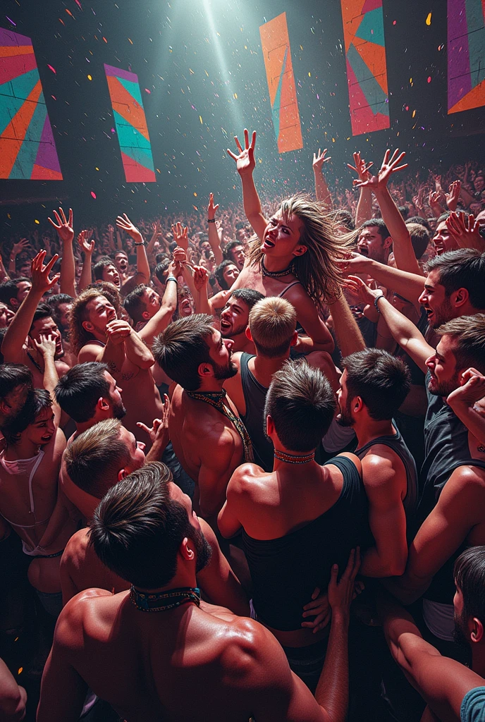 naked, Miley cyrus, young, hole body,stage, crowdsurfend , lets fans touch him, ​masterpiece, anatomically correct