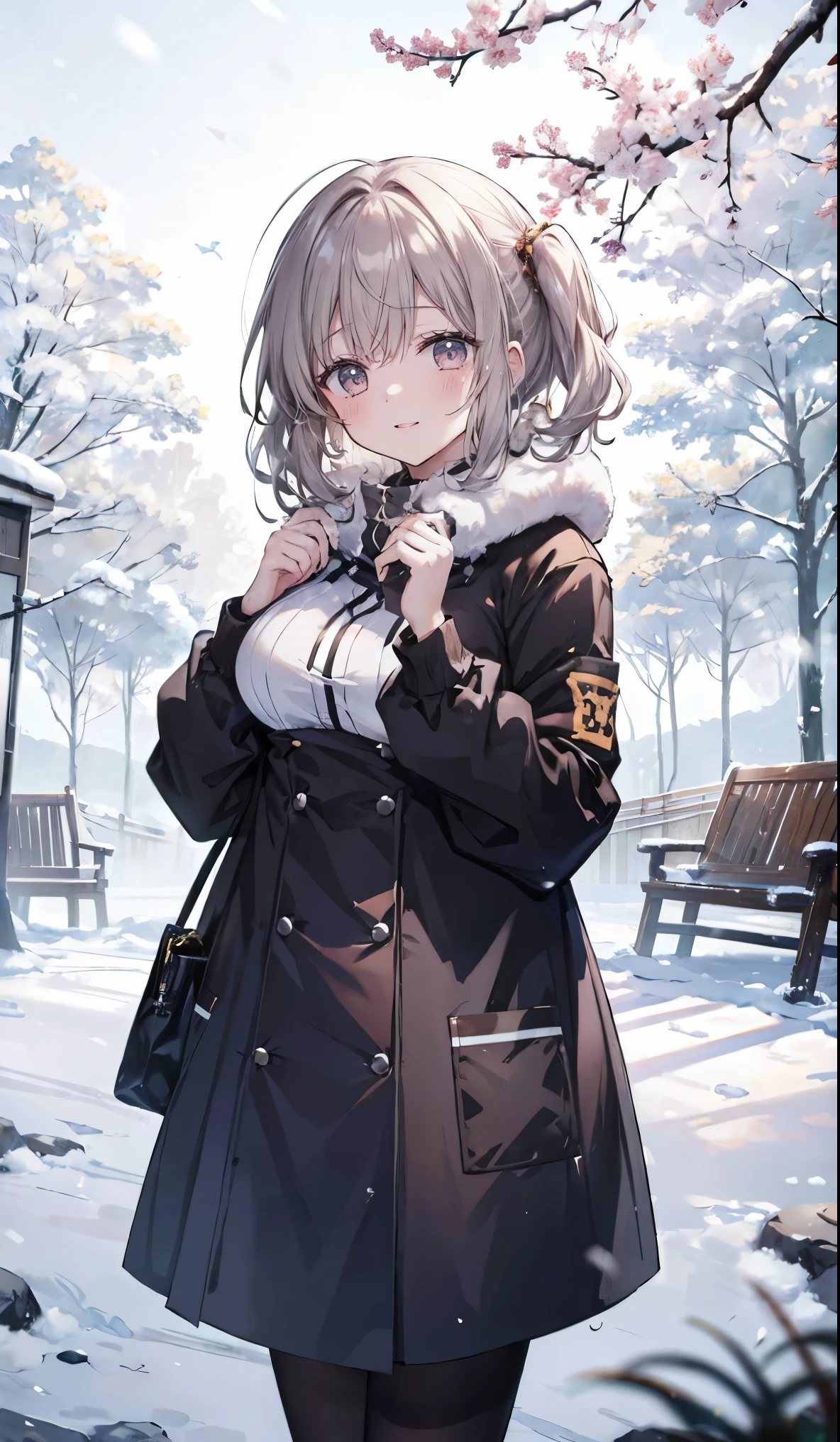 (masterpiece、 top quality、   very detailed),((Big Breasts,smile)), a quiet winter day in the park 、tree々The leaves fall、 snow is scattered on the ground 々と積もっている。 An energetic high school girl in a stylish dark colored coat 、tree製のベンチの近くに立っている。 the uniform peeking slightly from under the coat 。彼女は温かなsmileで、 keeping her hands warm in her coat pocket while keeping warm 、 is staring straight at the viewer。 the sunlight gently shines on her hair 、 Her breath is piling up creating a faint fog in the cold winter air。 the atmosphere is calm 