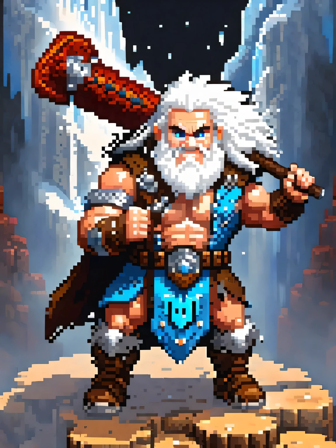 Pixel art, 3d, best quality, Barbarian warrior with powerful arms athletically developed, holding a large battle axe in his hand, curly long white hair, wearing a leather vest and a fur cape, cloak open, full pose, the whole body, detailed, high resolution 8k, natural lighting, on red carpet, made in pixelart style, 3d pixel art