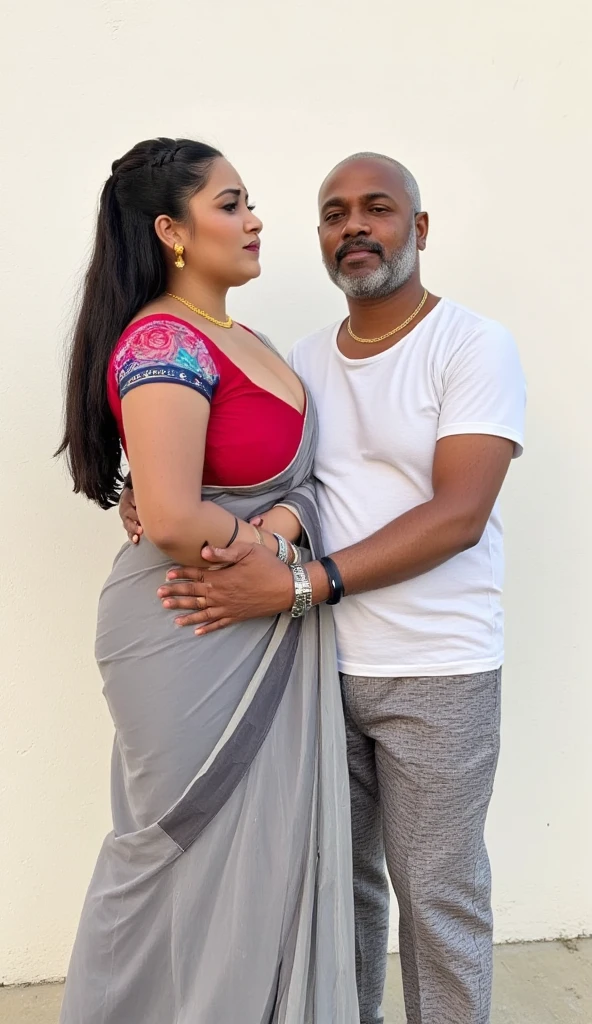 Newly wed indian couple, hot curvy white south indian milf with long hair, big breast, big hip, very big ass, thick thighs, woman wearing tight saree pallu tied in hip, cleavage, indian couple, very short indian black old man with short haircut, skinny body and big moustache, man wearing shorts, woman with man, couple in house balcony, high resolution, couple looking at camera, tall woman and short man, close-up potrait, Closed Mouth, serious face, front full body view, in kitchen, bright lighting, man holding woman hip
