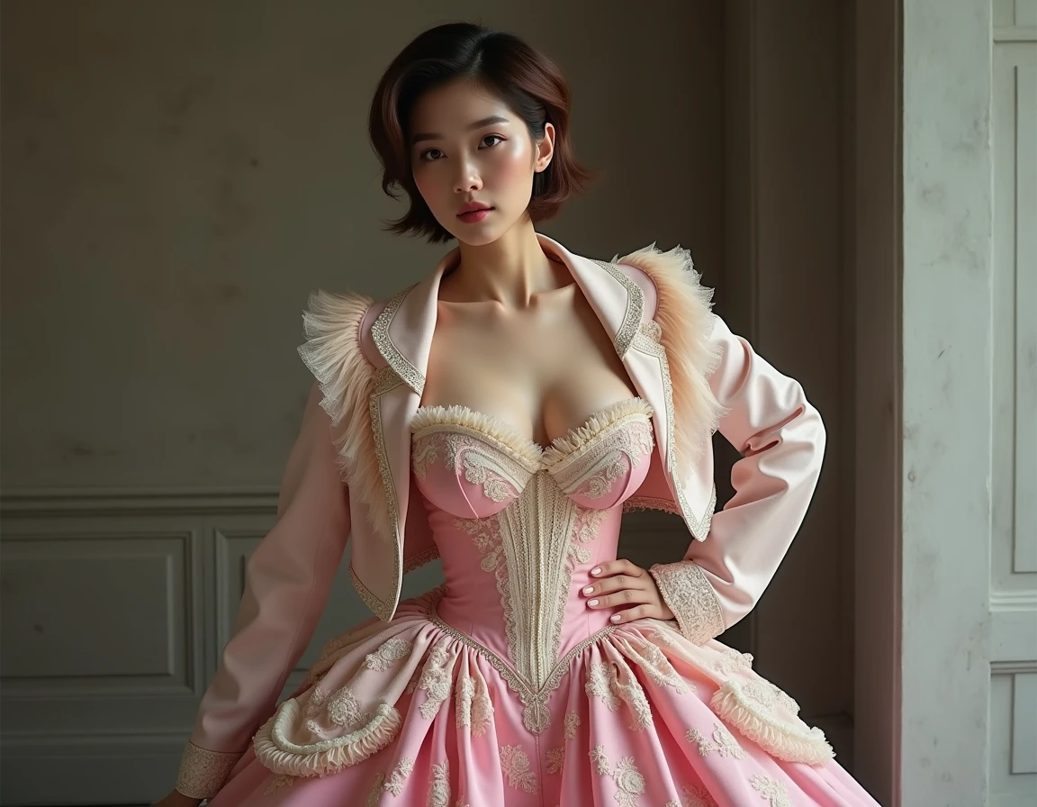 Realistic Photography, Beautiful Cute Female , pink and white Rococo Dress eith ruffles and long sleeves,big breasts,long 
,perfect colorful makeup, 