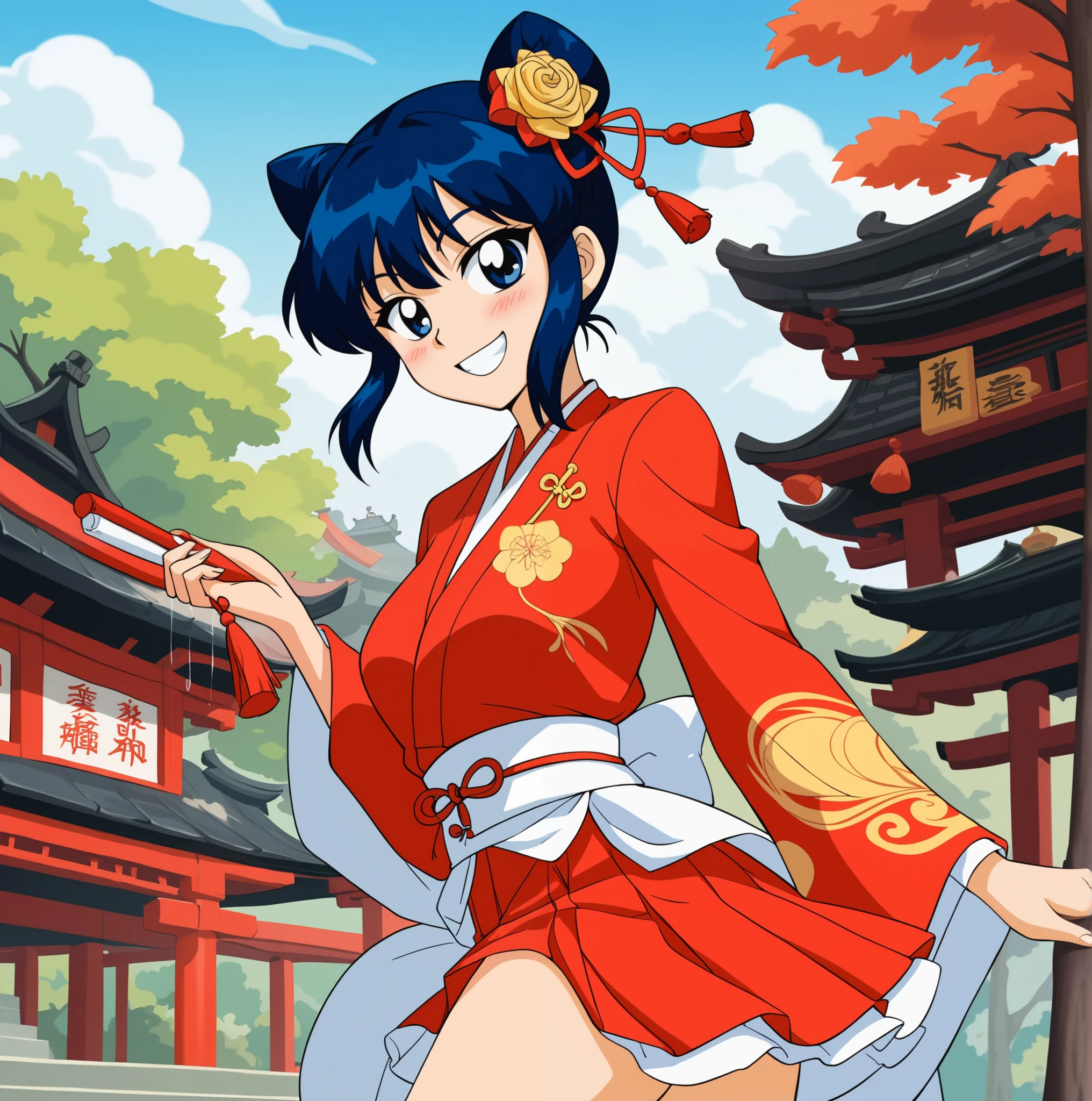 Young woman drawn in 80’s anime art style. 
Retro anime. Vintage Anime. Classical Anime. 
Black Blue HAIR
Cone Hair Bun Hair
She has perfectly Round and Circle eyes. 
Blue eyes and Medium Sized Eyebrows. 
She is Tan Woman.
She has Large Breast
Small blush on cheek.
Evil Smile/ Smirk

She is wearing a japanese dress clothing.

dress (Chinese: jacketskirt;) is a set of attire in Hanfu which consists of a short jacket typically called ru (Chinese: jacket; pinyin: Forest) worn under a long Chinese skirt called qun (Chinese: skirt; pinyin: qún ). However, when use as a general term, ruqun can broadly describe a set of attire which consists of a separated upper garment and a wrap-around lower skirt, or yichang (Chinese: ClothesShang; pinyin:  yīcháng), in which yi (Chinese: Clothes) means the "upper garment" and the chang (Chinese: Shang) means the "lower garment".: 27  In a broad sense, ruqun can include the shanqun (Chinese: 衫skirt)  and aoqun  (simplified Chinese: 袄skirt; traditional Chinese: 襖skirt) in its definition.

(Cloudy) (Sky) (Raindrops) (Rainy Sky)

(View from the Shrine Temple)

