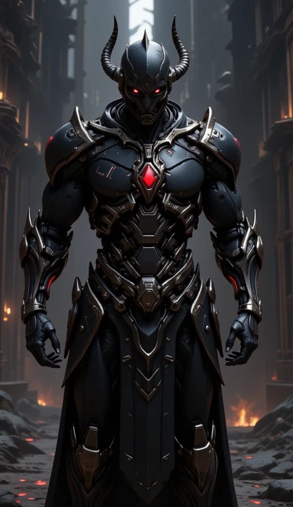  is possessed by a demon, a holy knight commander.A full-body image of an adult male . muscular body .Wear the Holy Knight's Armor. Eyes Deep Red . standing inside a mysterious black and red church.Bold composition 