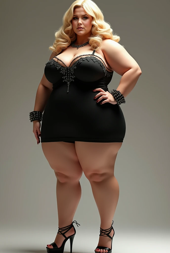 a big boob and ass skinny women with blonde hair and blue eyes wearing high stailetos and stockings. with her tits out and bending over. full body picture