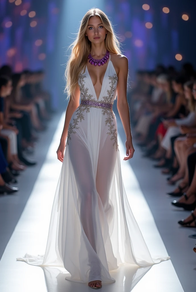 (Goddess of Fashion:1.4), an elegant and regal figure, embodying the epitome of style and grace, (dressed in a stunning haute couture gown that combines modern design with timeless elegance:1.2), (the gown features intricate embroidery, shimmering fabrics, and a flowing silhouette:1.2), (her accessories include a crown of jewels and a necklace that glows with a soft, radiant light:1.2), (she stands confidently, striking a powerful pose on a runway surrounded by an aura of luxury and sophistication:1.2), (her expression is poised and commanding, with piercing eyes that reflect her authority in the world of fashion:1.2), (background of a high-end fashion show, with a glamorous audience and flashing lights:1.2), (rich, vibrant colors, with a focus on gold, silver, and deep jewel tones:1.2), (perfect image quality:1.4), (intricate details, sharp focus, and a dynamic composition that highlights her status as the ultimate fashion icon:1.2), (a sense of movement in the fabric, as if caught in a breeze:1.2), (exquisite textures and patterns that elevate the overall aesthetic:1.2)