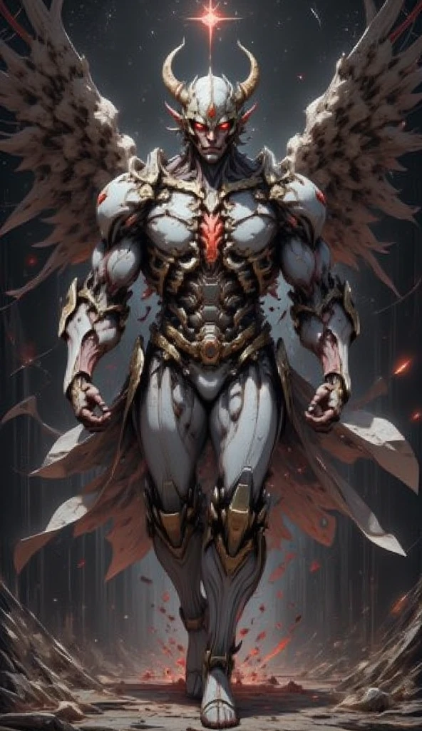  is possessed by a demon, a holy knight commander.A full-body image of an adult male . muscular body .Wear white gold holy knight armor. Eyes Deep Red . standing inside a mysterious black and red church.Bold composition 