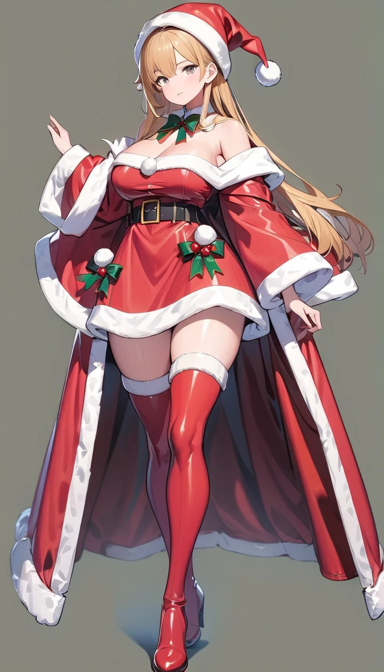 (((1 girl))) long straight hair, earings, glossy lips ,reindeer costume, black thigh-high boots, arms crossed black elbow gloves, smile, looking at viewer, cowboy shot, full body photo Umi Ryuuzaki