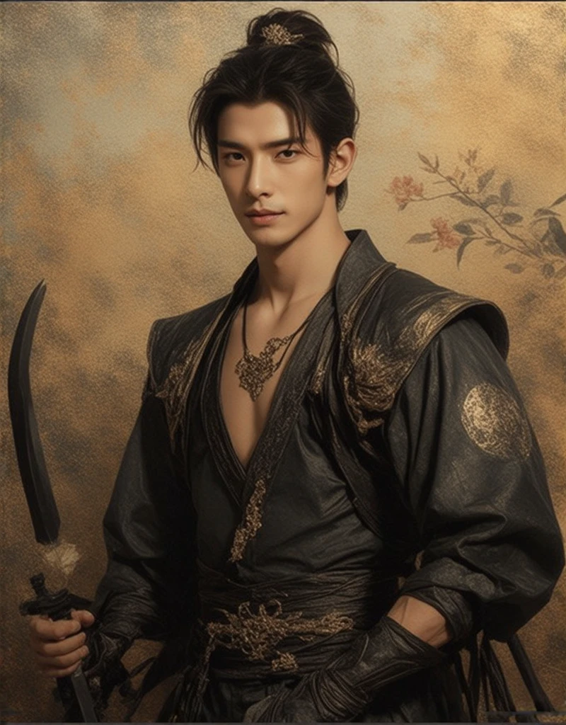  has an always-real painting of a man in a black and gold antique Chinese dress.,, very handsome, looking like a young Asian idol. 20 years old ,Bright oil paint , Bare-chested, Inspired by Tsukioka Yoshitoshi ,  Illustrated by Shigenori Soejima ,  in the style of Ukiyo art - a ,  OnMiyoji Portrait ,  inspired by Yoshitoshi Abe ,  anime, artnuvo ,  Korean nuvo art anime ,  Senkoku period art style , Chikishi, the background is a flower garden 