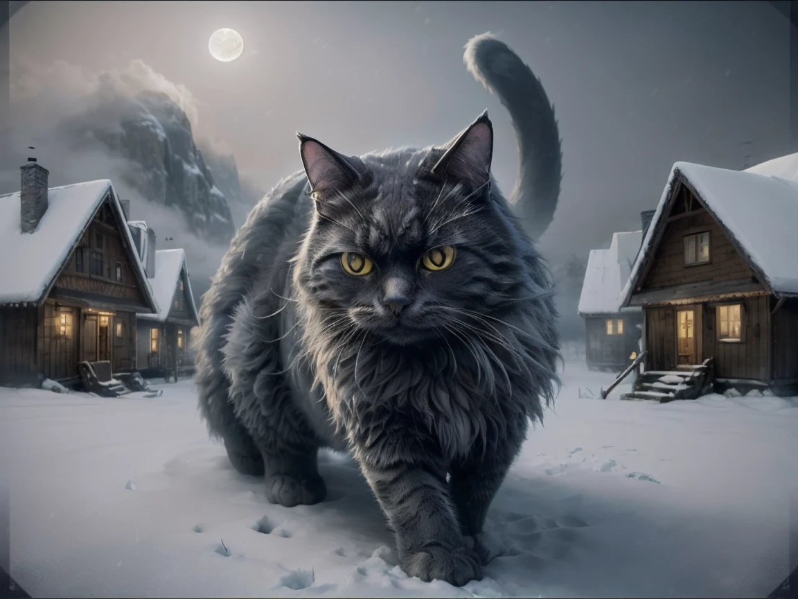 Yulcat 2023 , (((1 giant cat ))), moon,  knight , Small village, monster, snowy houses,  glowing eyes, 8k,  super high resolution ,  top quality,  with a cute face is trendy at art stations, masterpiece, Raw Image,  Other Worlds ,  horror \(theme\),  field department ,  monsters, One cat, fog, snow,