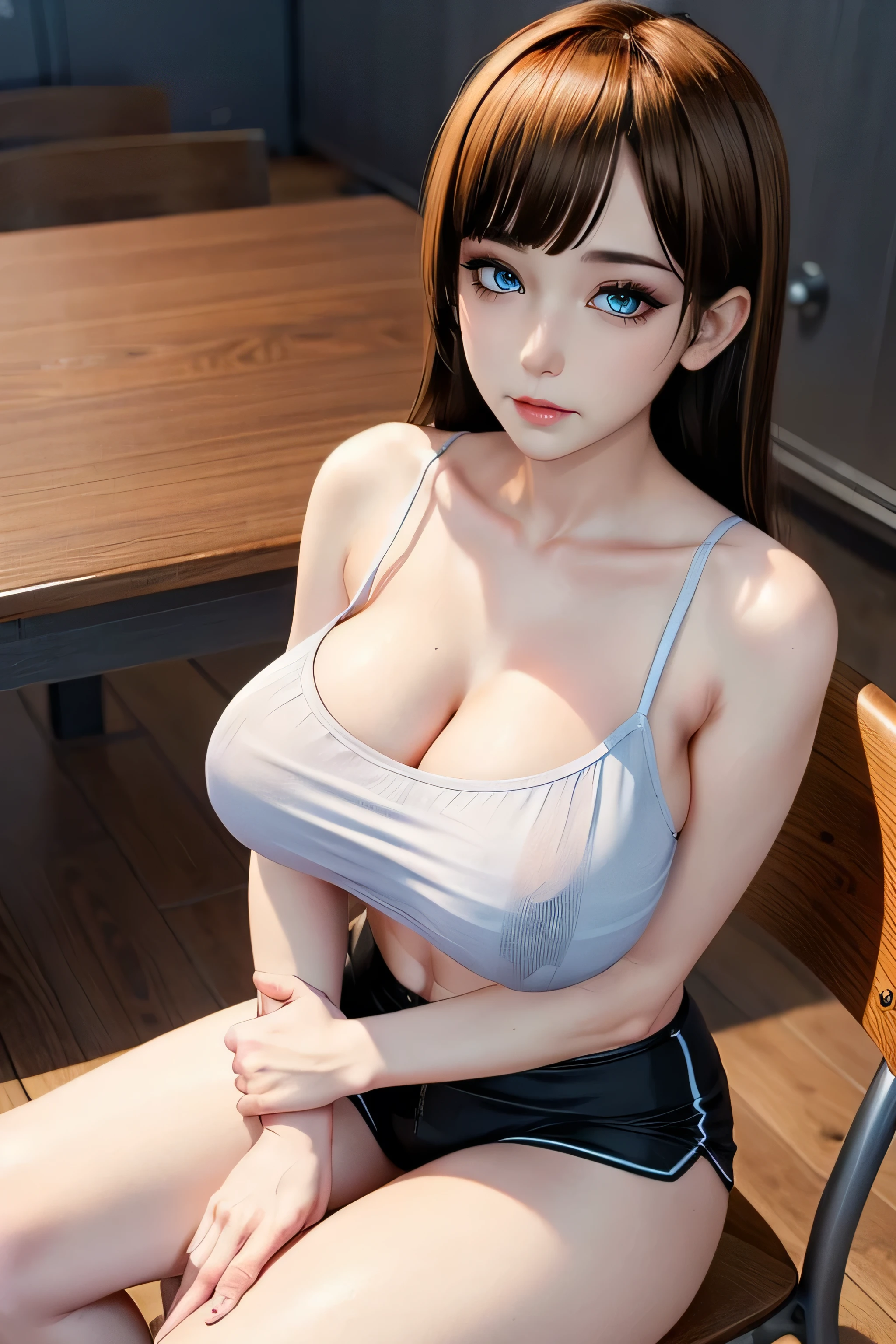 1girl, solo, blue eyes, black hair, cleavage, looking at viewer, covered nipples, sitting, lips, skirt, collarbone, large breasts, bare shoulders, camisole, closed mouth, indoors, chair, huge breasts, veiny breasts, black skirt, tank top, mature female, wooden floor, parted bangs, arm support, nose, spaghetti strap, realistic, miniskirt, blurry, white tank top, pencil skirt, no bra, shorts, shiny skin, blurry background, from above, hand between legs, shirt, thighs, shadow, between legs, forehead, sagging breasts, white shirt, see-through, black shorts, bare arms, strap gap, mole, sleeveless, desk, on chair, expressionless, veins, pink lips, teacher, blush, sidelocks, on floor, eyelashes, cowboy shot,
