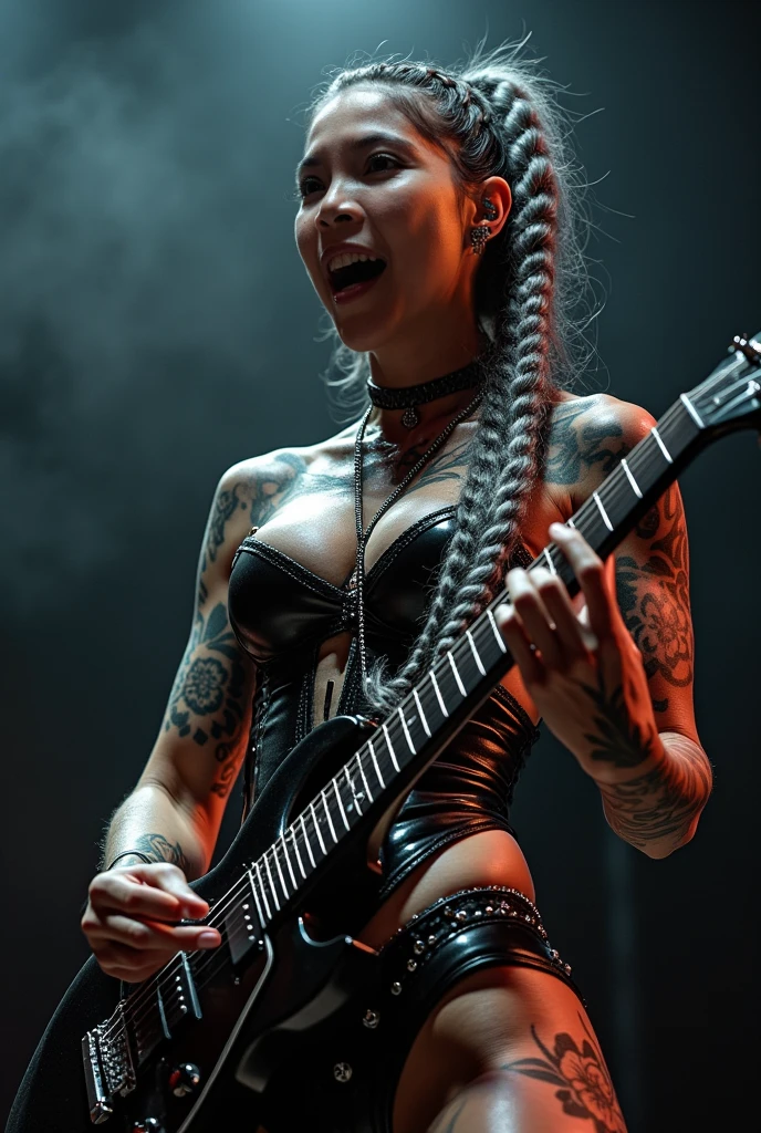 Dark room with drums in the middle, with a naked girl with small demonic horns and tattoos standing. The girl&#39;s only clothes are a short skirt, and on the chest there is a tattoo with words "freedom"