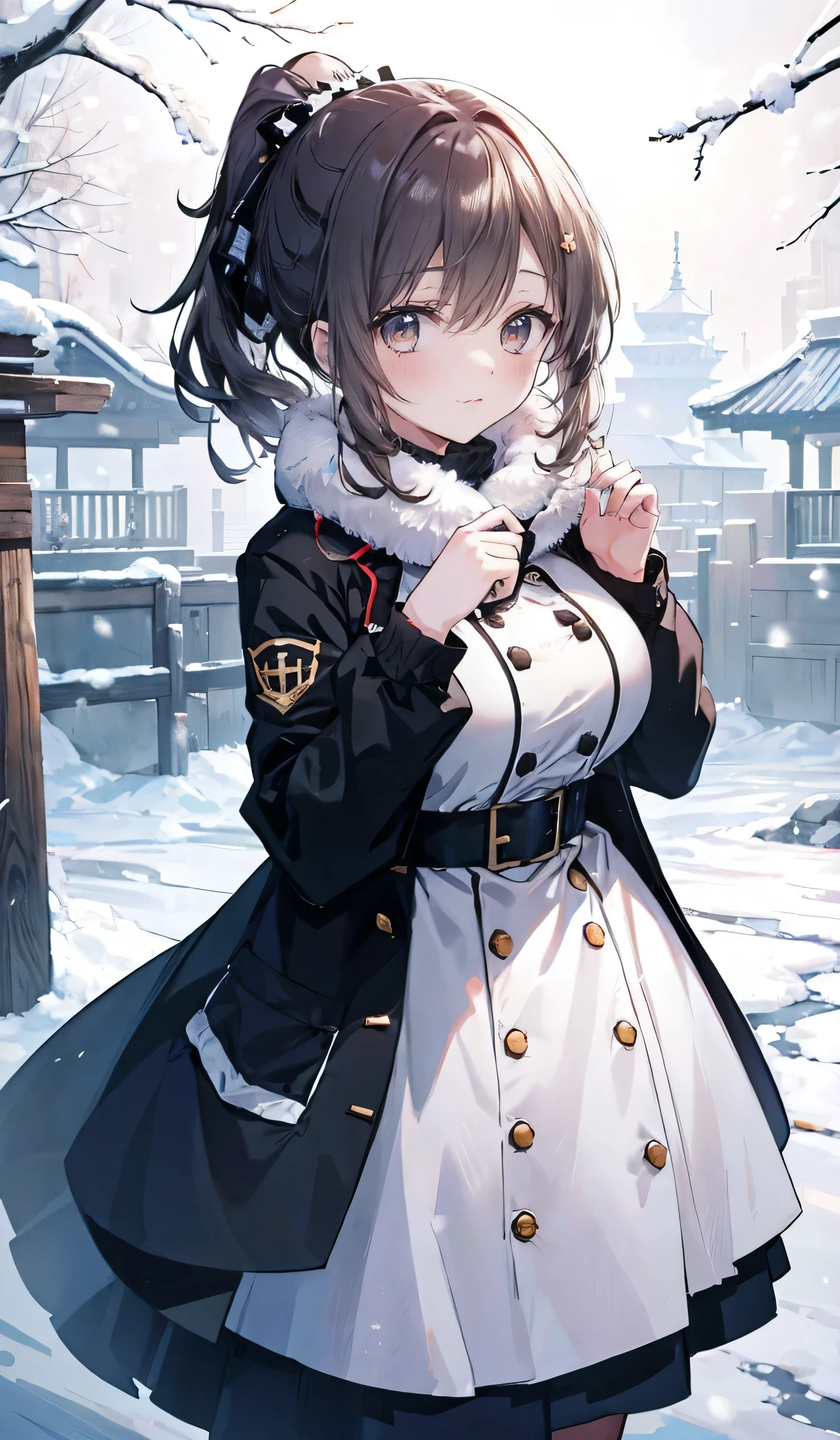(masterpiece、 top quality、 very detailed),((Big Breasts,smile)) black ponytail, a quiet winter day in the park 、tree々The leaves fall、 snow is scattered on the ground 々It's piled up。 An energetic high school girl in a stylish dark colored coat 、Standing near a fountain 。 the uniform peeking slightly from under the coat 。She has a warm smile、 keeping her hands warm in her coat pocket while keeping warm 、 is staring straight at the viewer。 the sunlight gently shines on her hair 、 her breath creates a faint fog in the cold winter air。 the atmosphere is calm