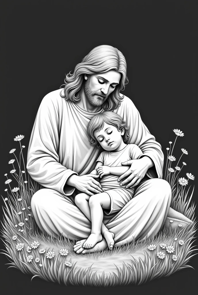 Saint Joseph just the bust with lilies and Jesus but hands in a hand-drawn style, only with pencil outlines