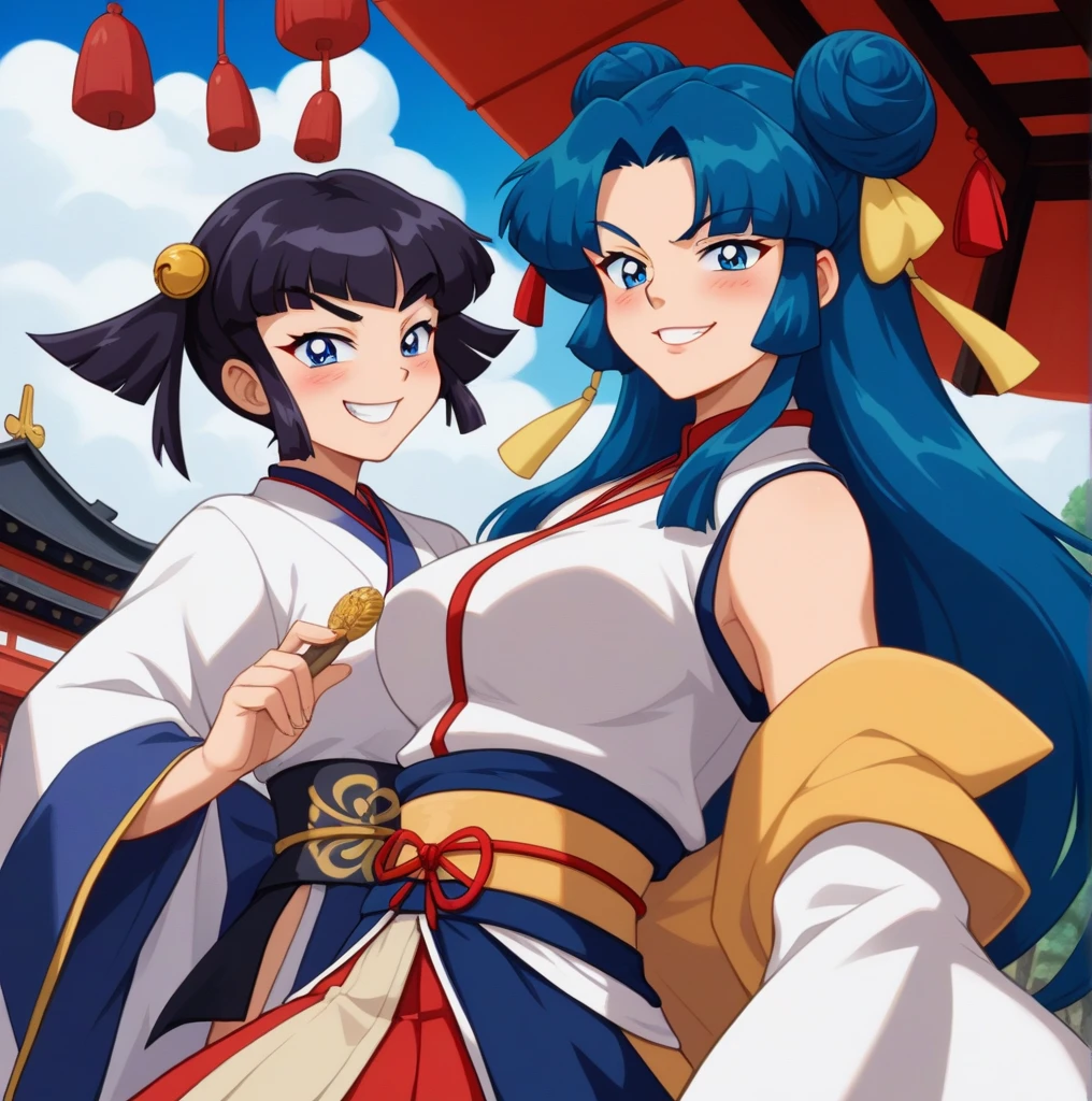 Young woman drawn in 80’s anime art style. 
 Retro anime . Vintage Anime. Classical Anime. 
Black Blue HAIR
Cone Hair Bun Hair
She has perfectly Round and Circle eyes. 
Blue eyes and Medium Sized Eyebrows. 
She is Tan Woman.
She has Large Breast
Small blush on cheek.
Evil Smile/ Smirk

She is wearing a japanese Hanfu clothing.

Hanfu (simplified Chinese: Hanfu; traditional Chinese: Hanfu; pinyin: Hanfu , lit. "Han clothing"), are the traditional styles of clothing worn by the Han Chinese since the 2nd millennium BCE. There are several representative styles of hanfu, such as the ruqun (an upper-body garment with a long outer skirt), the aoqun (an upper-body garment with a long underskirt), the beizi and the shenyi,  and the shanku (an upper-body garment with ku trousers).

(Cloudy) (Sky) (Raindrops) (Rainy Sky)

(View from the Shrine Temple)

