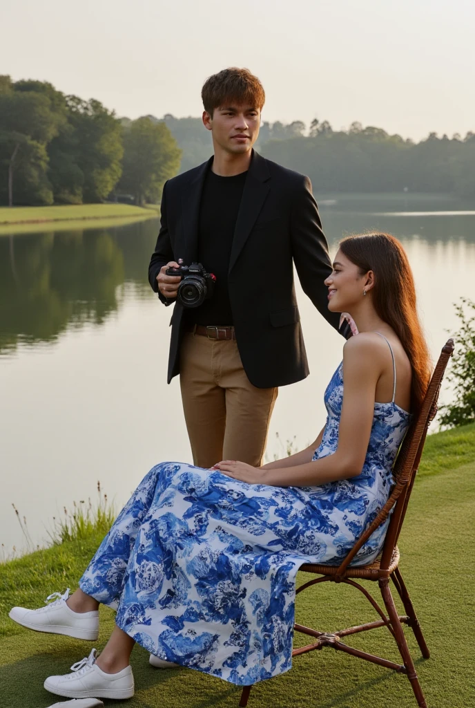  A young Korean handsome man 33 years old , wearing a black shirt,  black blazer and brown fabric pants , white shoes,  standing , holding camera ,  and smiling thinly ,  alongside a beautiful American woman , long haired,  wearing long wave print dress ,  blue and white , white shoes,  sitting in a wicker chair , with a smile,  background on the lakeside with a beautiful atmosphere, afternoon, full hd