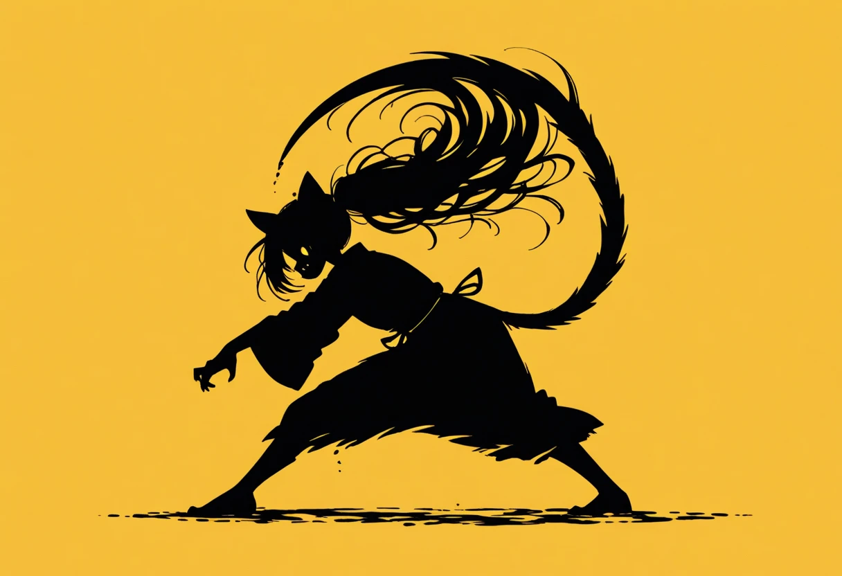  Black Silhouette Art ,  girl, cat ears,  flowing hair,  Twin Tails ,  minimalist, The tip of the tail is a huge mouth, Sickle, Yellow background, Long nails, Wobbly Kimono ,  dynamic pose, Wide sleeves,