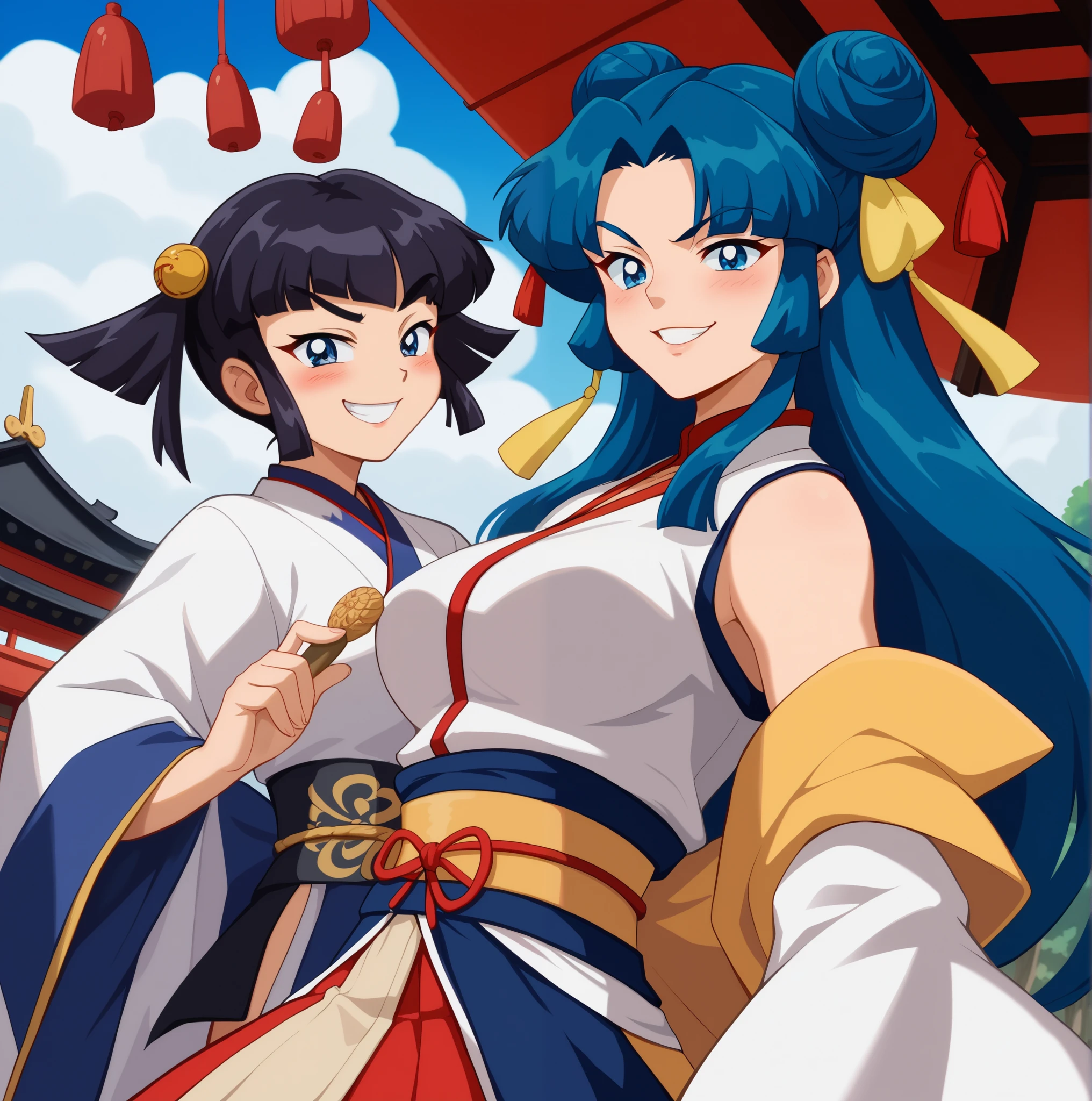 Young woman drawn in 80’s anime art style. 
 Retro anime . Vintage Anime. Classical Anime. 
Black Blue HAIR
Cone Hair Bun Hair
She has perfectly Round and Circle eyes. 
Blue eyes and Medium Sized Eyebrows. 
She is Tan Woman.
She has Large Breast
Small blush on cheek.
Evil Smile/ Smirk

She is wearing a japanese Hanfu clothing.

Hanfu (simplified Chinese: Hanfu; traditional Chinese: Hanfu; pinyin: Hanfu , lit. "Han clothing"), are the traditional styles of clothing worn by the Han Chinese since the 2nd millennium BCE. There are several representative styles of hanfu, such as the ruqun (an upper-body garment with a long outer skirt), the aoqun (an upper-body garment with a long underskirt), the beizi and the shenyi,  and the shanku (an upper-body garment with ku trousers).

(Cloudy) (Sky) (Raindrops) (Rainy Sky)

(View from the Shrine Temple)

