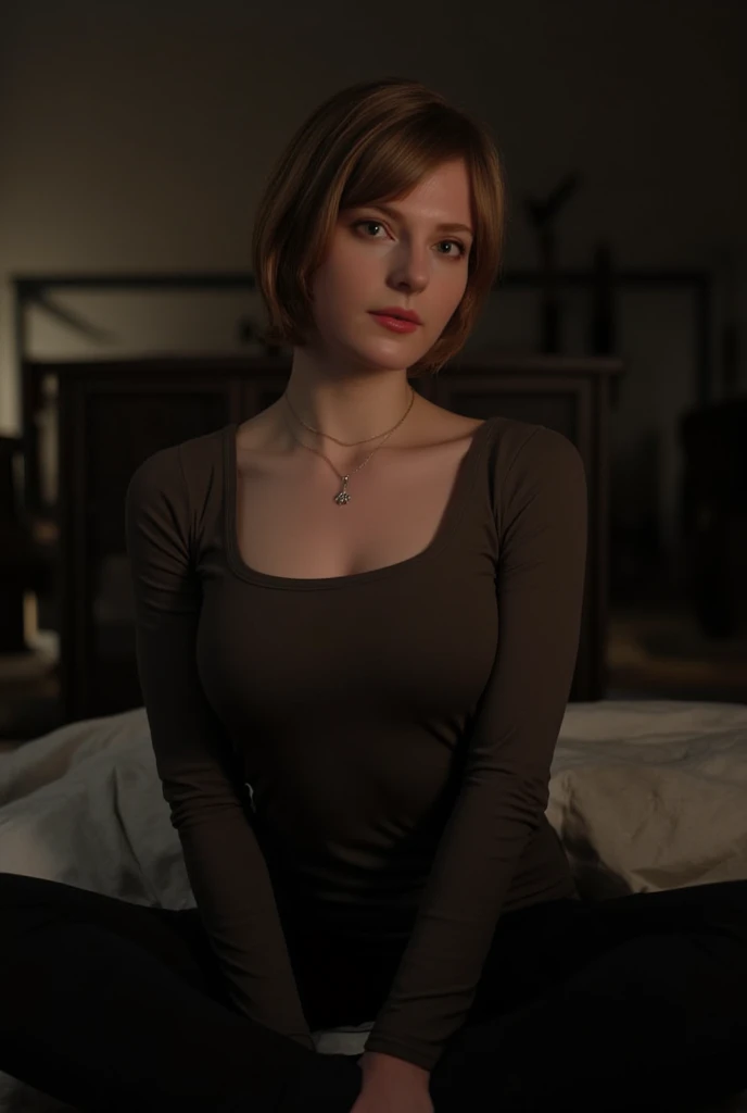 There is a woman sitting on the bed in the room, Ashley from Resident Evil, Ashley, female character, Ashley Graham, female main character, Resident Evil, short blonde hair, necklace, spread legs, tits, ultra-realistic 8k photo Octan, stylish cinematic pose, Metal Gear Solid V silent, high-resolution scanning