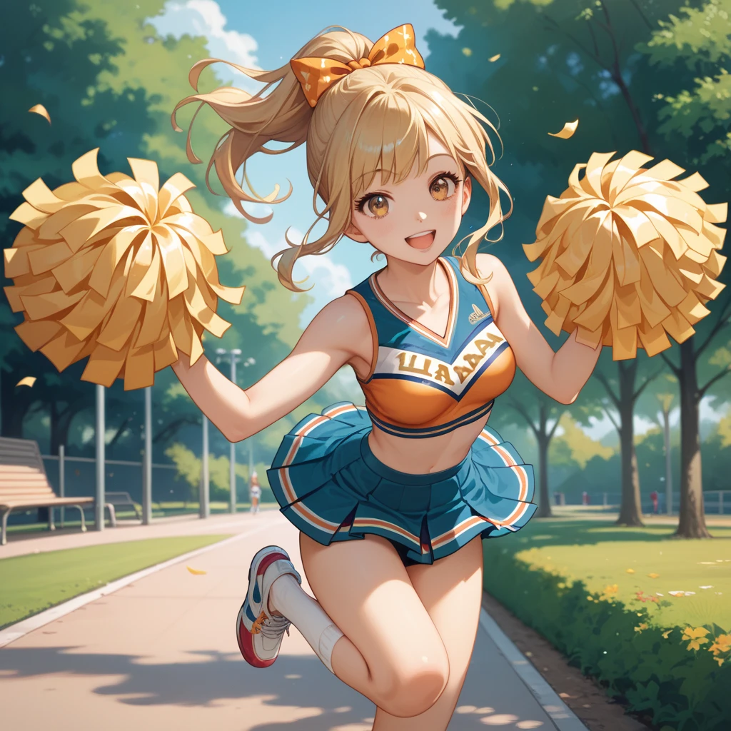 best quality, park, happy, smiling, jumping, looking at viewer, ponytail, blonde, golden eyes, eyes open, petite, slim, cheerleader, teenager, in the park, medium breasts, kawaii, cel anime