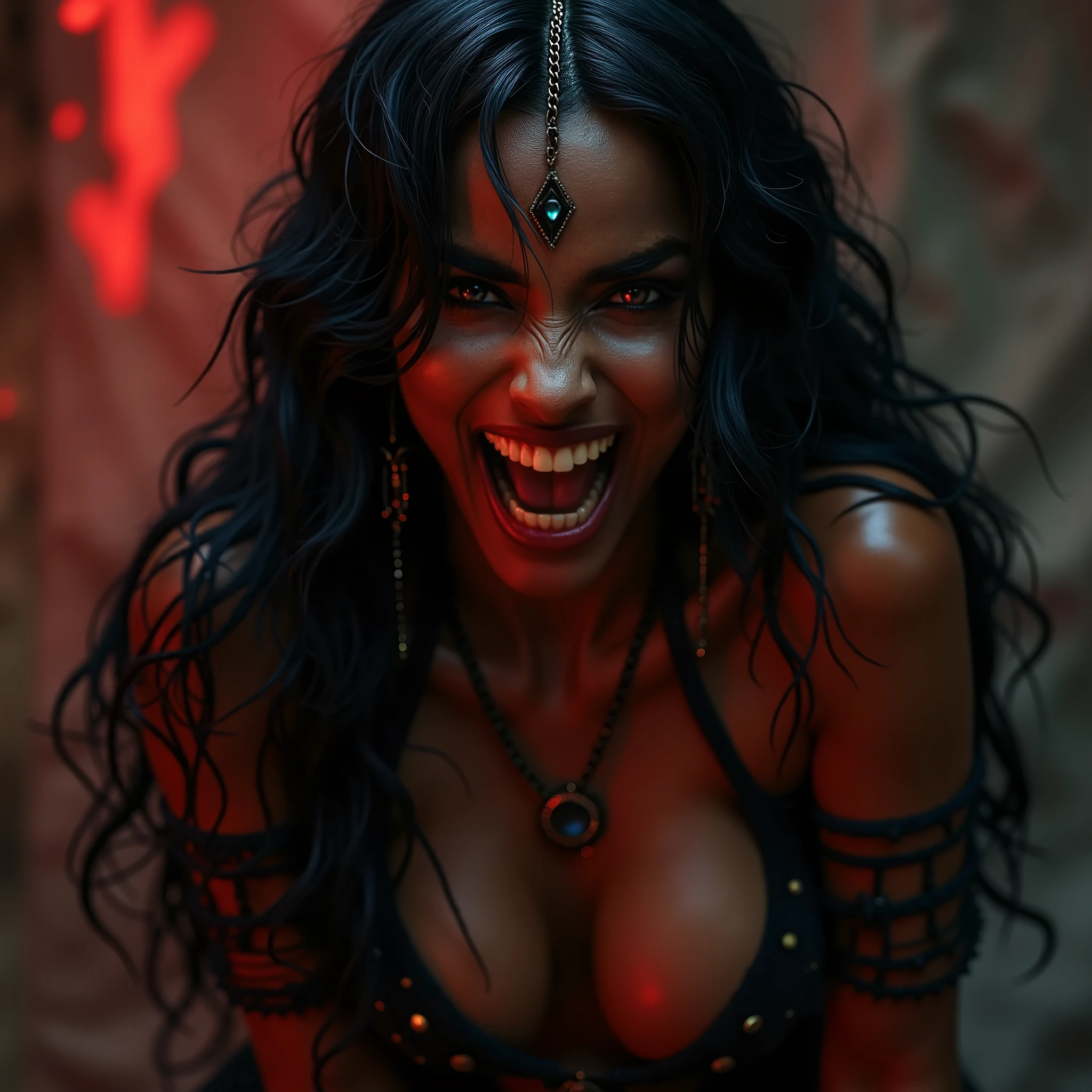 (Beautiful young  big busty black female (perfect face) demon), (((high detail plunging revealing demonic red dress))), Goth make up, small horns, wild Afro hair, evil smile, fit athletic body, temptation,fiery cave, (masterpiece), RAW photo, best quality, high res, rich colors, bright moonlight, cinematic lighting, film grain, raw photo, 50mm lens, Nikon D850, warm colors,