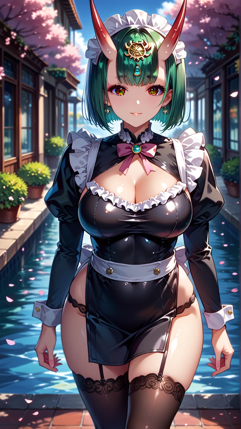 score_9,score_8_up,score_7_up, masterpiece, 1girl, solo, source_anime, scenery, (mature woman:1.3), (wide thighs), (wide hips), (detailed eyes, high definition eyes,high gradient eyes,eyesHD), (best quality:1.4), a close up of a woman with colorful hair, anime girl with cosmic hair, rossdraws pastel vibrant, artwork in the style of guweiz, fantasy art style, colorful, vibrant fantasy style, cosmic and colorful, guweiz, colorfull digital fantasy art, stunning art style, beautiful anime style, shiny, shiny skin, (beautiful female), (mature woman:1.3),beautiful face, clear face, Shiny hair, (green hair), (short hair), (bobcut), (brown eyes:1.2), concept art, professional anime, (big breasts:0.8), sidelocks, ahoge, (shuten_douji), short hair, oni horns, pointy ears, headpiece, view from above, halKagero, maid headdress, maid dress, apron, frills, black thighhighs