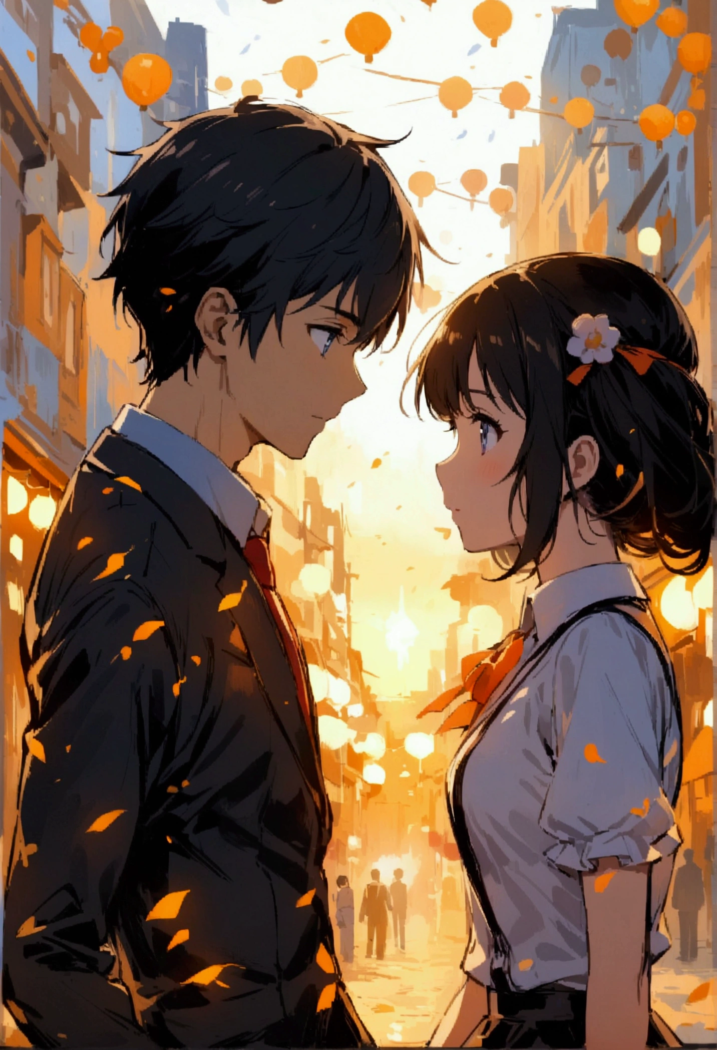 A cute anime black-haired man and woman in suits came to town together,Two people gazing at each other