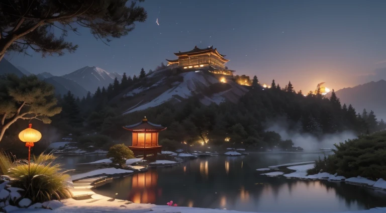Masterpiece, best quality, high quality, extremely detailed CG unity 8k wallpaper, outdoor, sky, clouds, night, no humans, mountain, chinese style palace sits on the hillside, moonlight, cinemagraph, landscape, water, trees, dark sky, waterfall, cliff, nature, lake, river, cloudy sky, award winning photography, bokeh, depth of field, hdr, bloom, chromatic aberration, photorealistic, highly detailed, trending on artstation, trending on CGsociety, intricate, high detail, dramatic, halfway art