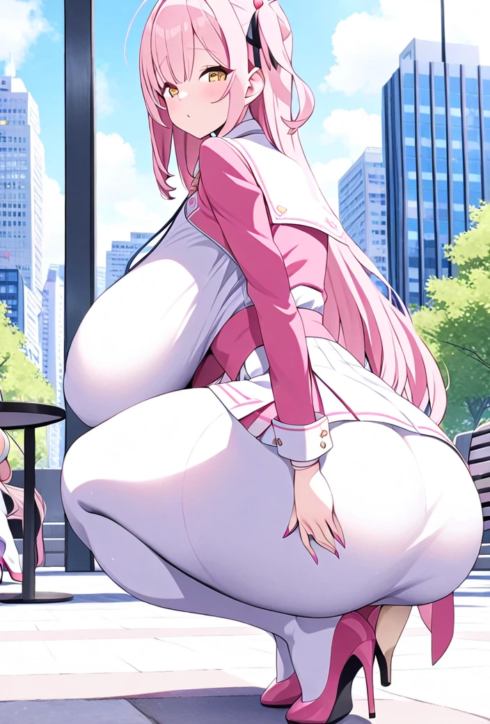  ピンク色セーラー服 　 pink hair two side hair　 Big Breasts 　 big thighs　white tights  　 high heels　　outside　In the city　  セーラー服