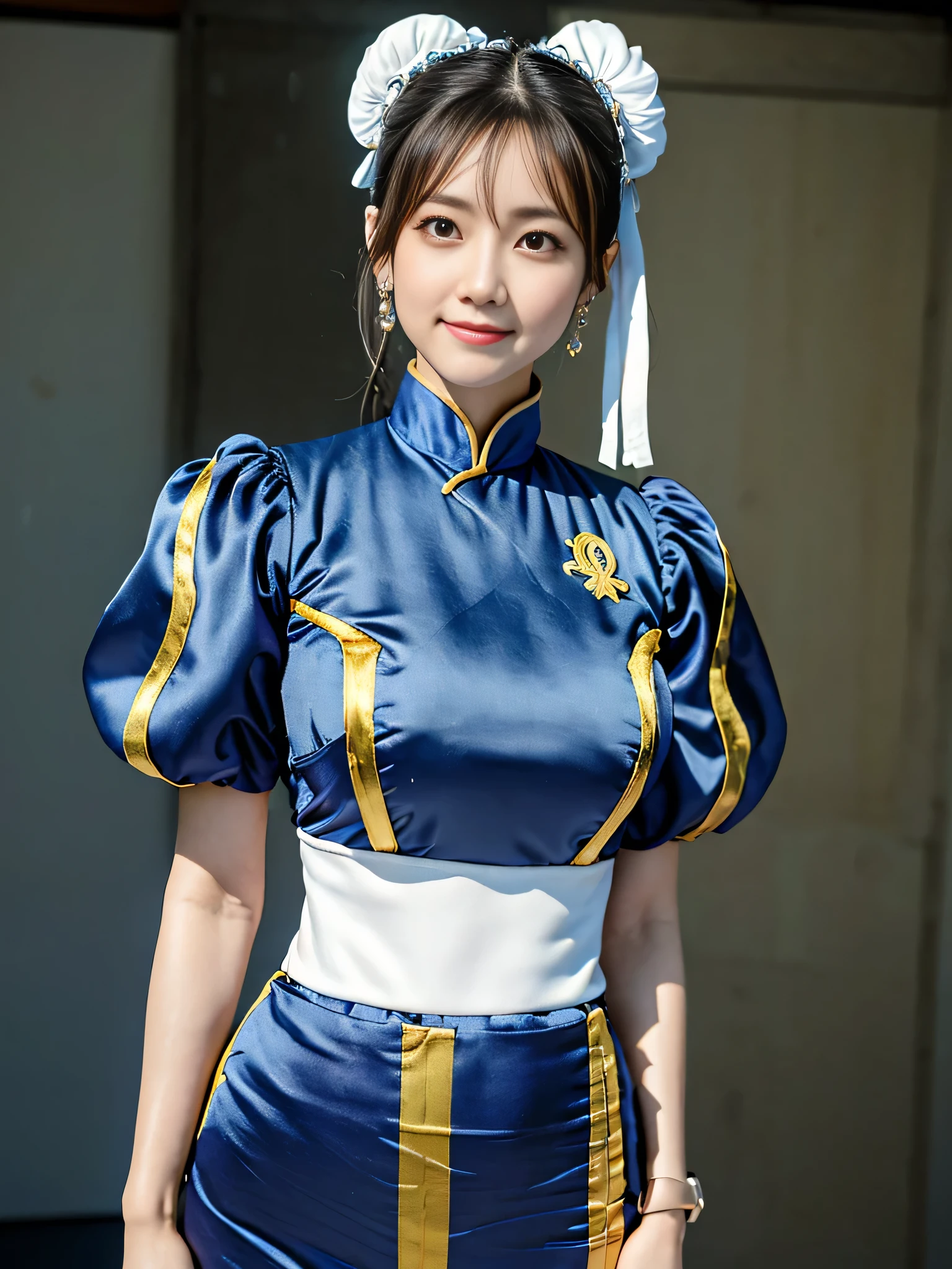 Chun-Li from Street Fight II,perfect chun li costume,Blue cheongsam with gold lines,Bun head,bun cover,fighting pose,masterpiece、1 beautiful girl、fine eyes、puffy eyes、highest quality, 超High resolution, (reality: 1.4), movie lighting、Japanese、asian beauty、Korean、super beautiful、beautiful skin、body facing forward、close up of face、(超reality的な)、(High resolution)、(8k)、(very detailed)、(美しくfine eyes)、(Super detailed)、 (wall-)、detailed face、bright lighting、professional lighting、looking at the viewer、look straight ahead、slanted bangs、Nogizaka Idol、korean idol、masterpiece, highest quality, masterpiece, highest quality, perfect face, perfect brown eyes with white sclera, bad move-5, alone, 1 girl, Upper body, brown hair, From SF2, Chinese service, smile, muscular woman, blue clothes, pantyhose, pelvic curtain, Puffy short sleeves, Good cover, sash, evaluation:safety