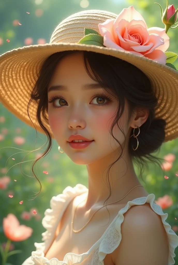 (extreme close up:1.5), (face focus:2),(Style of ???? ???:1.5),
((side face:2)),(1girl surrounded by soft_light:1.5), (backlighting:1.8), (lighting),(flowing fabric:1.3), ((Floral_summer_dress:1.5),(Straw_hat:1.3)),
(masterpiece), realistic, HDR, highly detailed, 8k, raw photo,
ambient occlusion, natural, harmonious composition, warm tones, fine art photography,