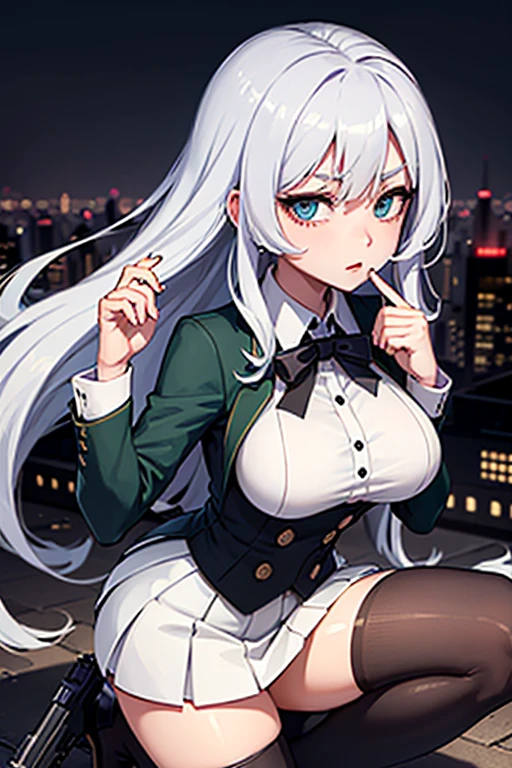 Highest quality、Ultra HD、One Woman、(Dark green long hair 1.3)、(White Suit 1.3)、(White tight skirt 1.3)、(Black tie)、(Black loafers 1.1)、((tall))、((1 who has a gun.2))、(Large Breasts)、(Black knee-highs 1.2)、(Beautiful face with sharp eyes 1.2)、40-year-old woman、Slender body、(Night city background 1.2)、((Clear and beautiful touch))