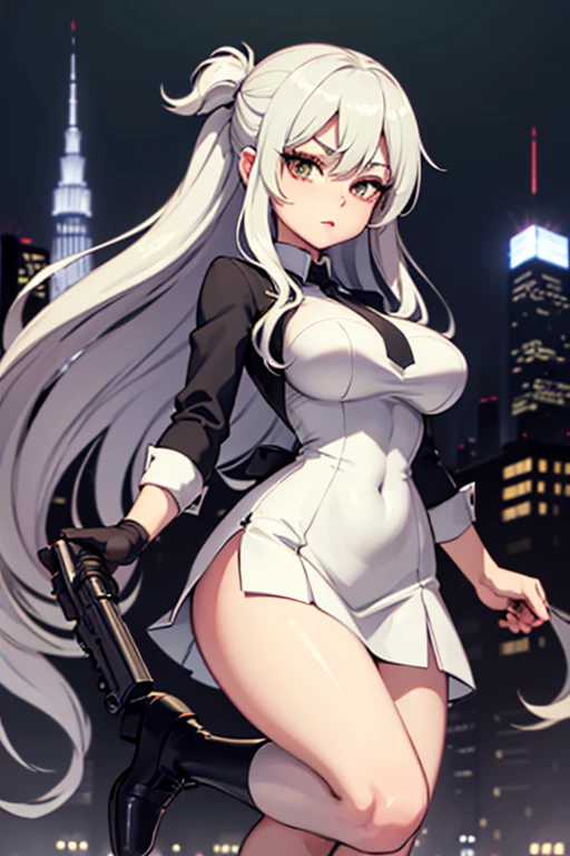 Highest quality、Ultra HD、One Woman、(Dark green long hair 1.3)、(White Suit 1.3)、(White tight skirt 1.3)、(Black tie)、(Black loafers 1.1)、((tall))、((1 who has a gun.2))、(Large Breasts)、(Black knee-highs 1.2)、(Beautiful face with sharp eyes 1.2)、40-year-old woman、Slender body、(Night city background 1.2)、((Clear and beautiful touch))