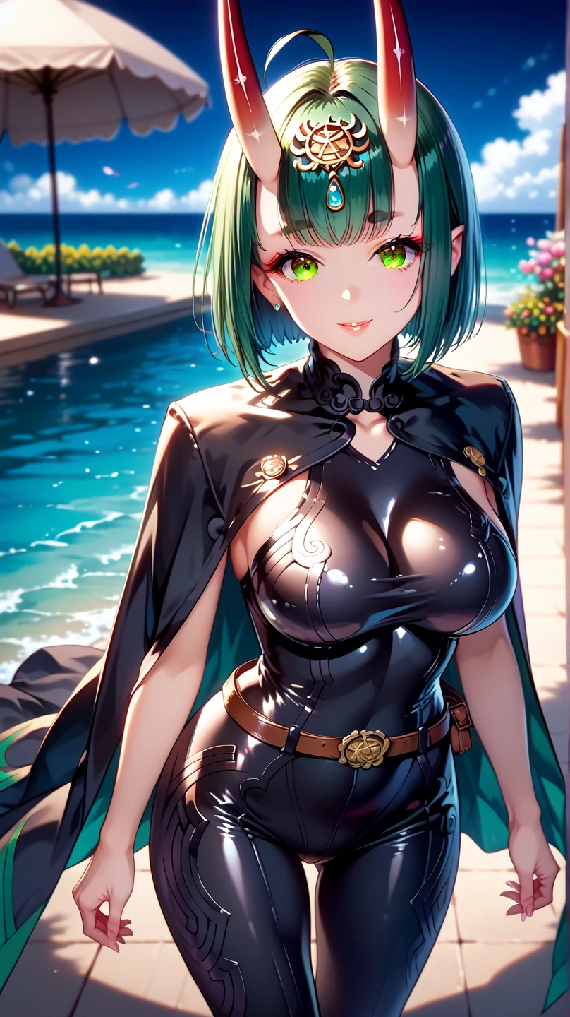 score_9,score_8_up,score_7_up, masterpiece, 1girl, solo, source_anime, scenery, (mature woman:1.3), (wide thighs), (wide hips), (detailed eyes, high definition eyes,high gradient eyes,eyesHD), (best quality:1.4), a close up of a woman with colorful hair, anime girl with cosmic hair, rossdraws pastel vibrant, artwork in the style of guweiz, fantasy art style, colorful, vibrant fantasy style, cosmic and colorful, guweiz, colorfull digital fantasy art, stunning art style, beautiful anime style, shiny, shiny skin, (beautiful female), (mature woman:1.3),beautiful face, clear face, Shiny hair, (green hair), (short hair), (bobcut), (brown eyes:1.2), concept art, professional anime, (big breasts:0.8), sidelocks, ahoge, (shuten_douji), short hair, oni horns, pointy ears, headpiece, view from above, thiefKagero, red ribbon, hair ribbon, bodysuit, cleavage, black cape, belt, skin tight, black sleeve