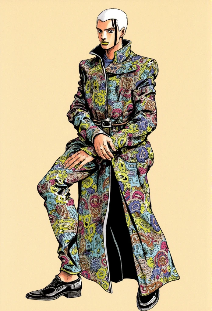 In a strikingly intricate traditional art style reminiscent of Hirohiko Araki, 
bizarre pose, weird pose, strange pose, buzz cut, white hair, patterns on hair, black lines on face, black iris, black eyes, long weird coat, avant garde coat, full body, whole body, acant garde fashion, fashionista, vogue pose, colored manga