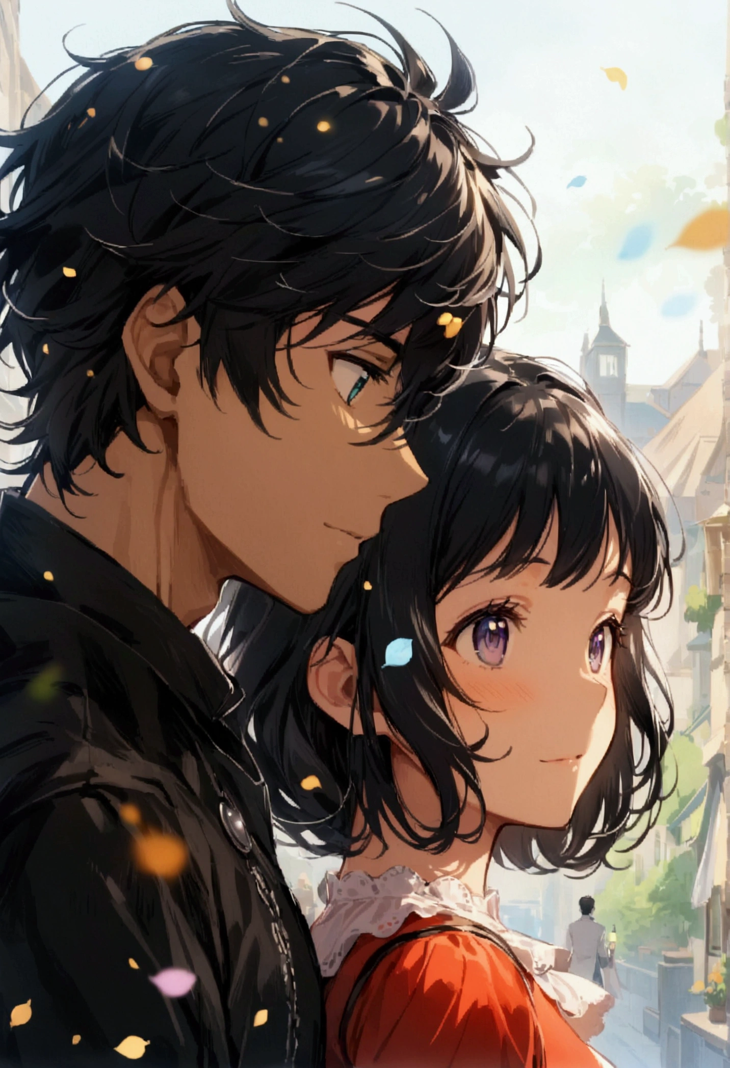 A cute anime black-haired man and woman  came to town together,Two people gazing at each other