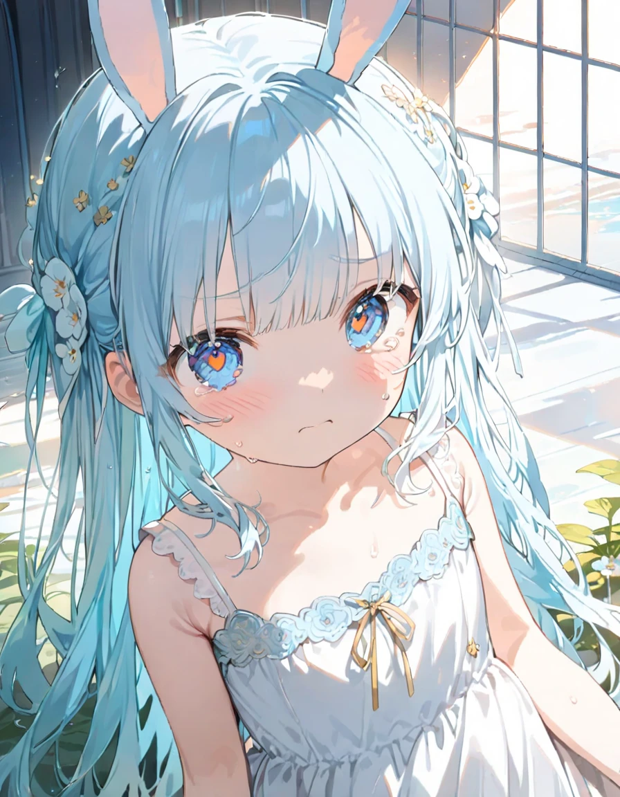 (masterpiece, best quality:1.4), One girl,((top quality eyes)) ,(turquoise color droopy eyes:1.5), (ash Hair:1.7), one side up, (parted bangs:1.5), open your mouth just a little, (Show the whole body), Medium chest, Jade Green gothic ta , (frill), Particles of light, The morning sun shines through the window, sitting, on the bed,