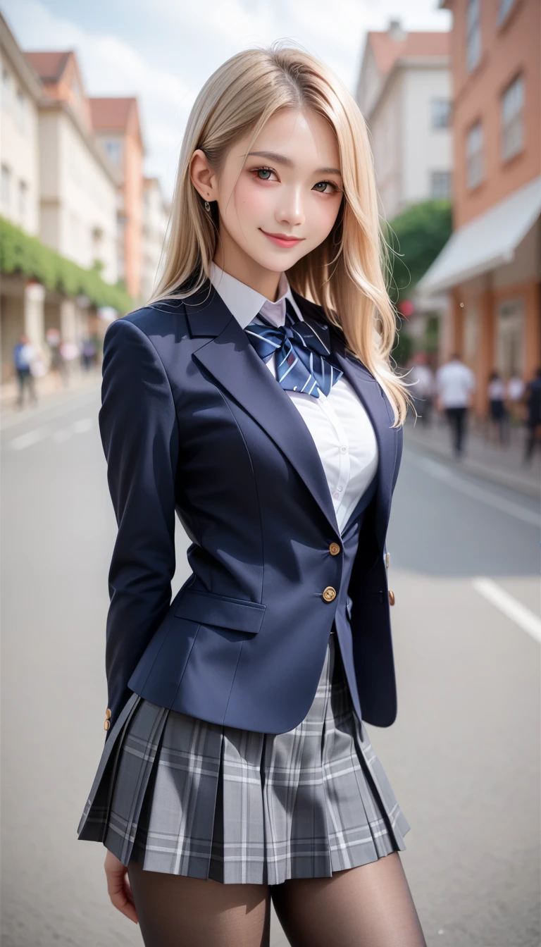  score_9, score_8_up, score_7_up, super detailed,  BREAK Complete Anatomy  , 32K,  masterpiece ,  top quality, super high definition ,  Beautiful Face and Eye Details,  Beautiful Japanese Woman  , Blonde, invalid,smile, steam,  school uniform,  blazer,   with a modern style fitted jacket,short skirt and tights, Turn your hands on your back , Big Breasts ,  lean forward ,From a viewpoint,  viewers of the pin,town