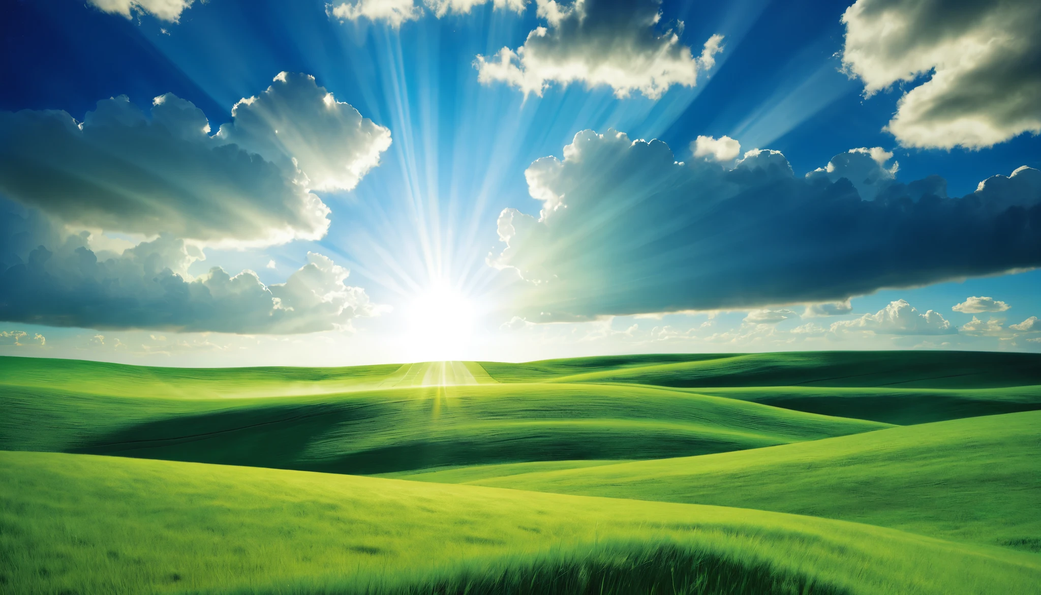 windows xp classic wallpaper, green fields, blue sky, clouds, sunbeams passing through the clouds, shadows reflected on the grass.