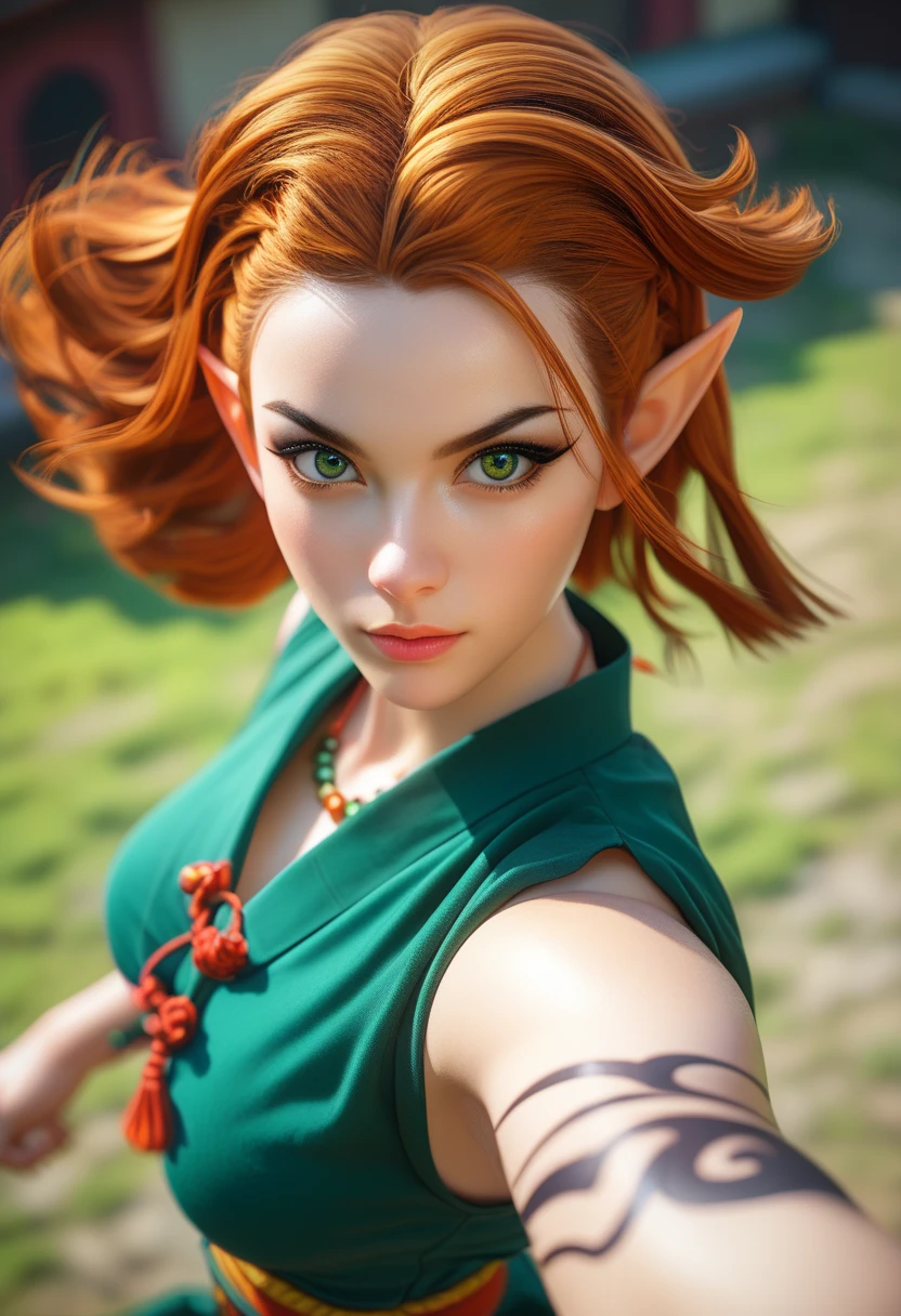 Beautiful elf female, photoreaistic, warrior monk, fair skin, (((medium copper hair))), green eyes, black eyeliner, ((medium breasts)), pointy ears, strong, fit. Wearing green chinese shirt. Japanese village background. Wearing Buddhist bead necklace. Kung fu stance. High angle view.