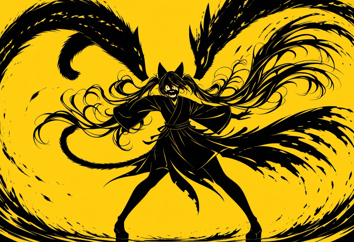  Black Silhouette Art ,  girl, cat ears,  flowing hair,  Twin Tails ,  minimalist, The tail has become a huge mouth, Sickle, Yellow background, Depth,  portrait, nail, Wobbly Kimono ,  dynamic pose, Wide sleeves,